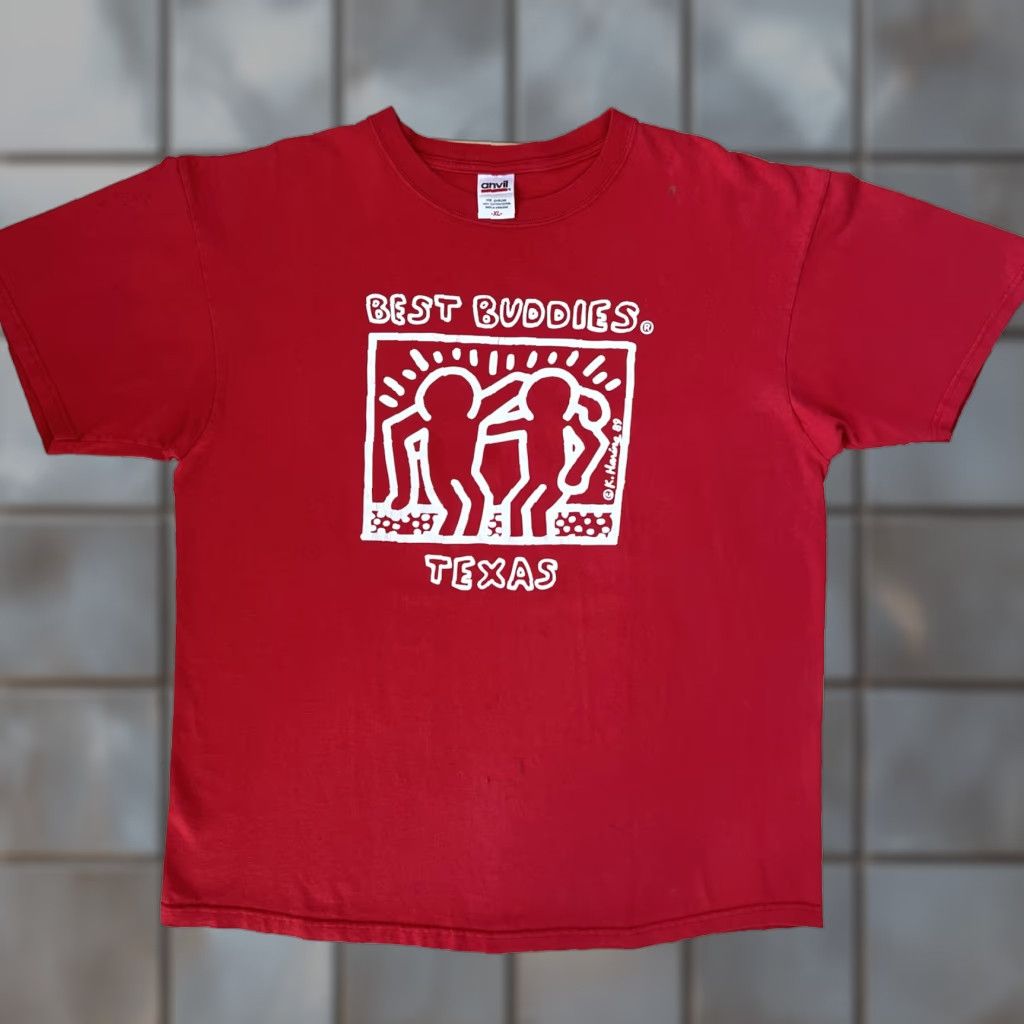 Anvil VINTAGE Keith Haring Shirt XL Red Texas Y2K Art Streetwear New York Best Buddies Shirt Mens X-Large Red 90s Cartoon USA Aerosmith Logo Graphic Print Size US XL / EU 56 / 4 - 1 Thumbnail