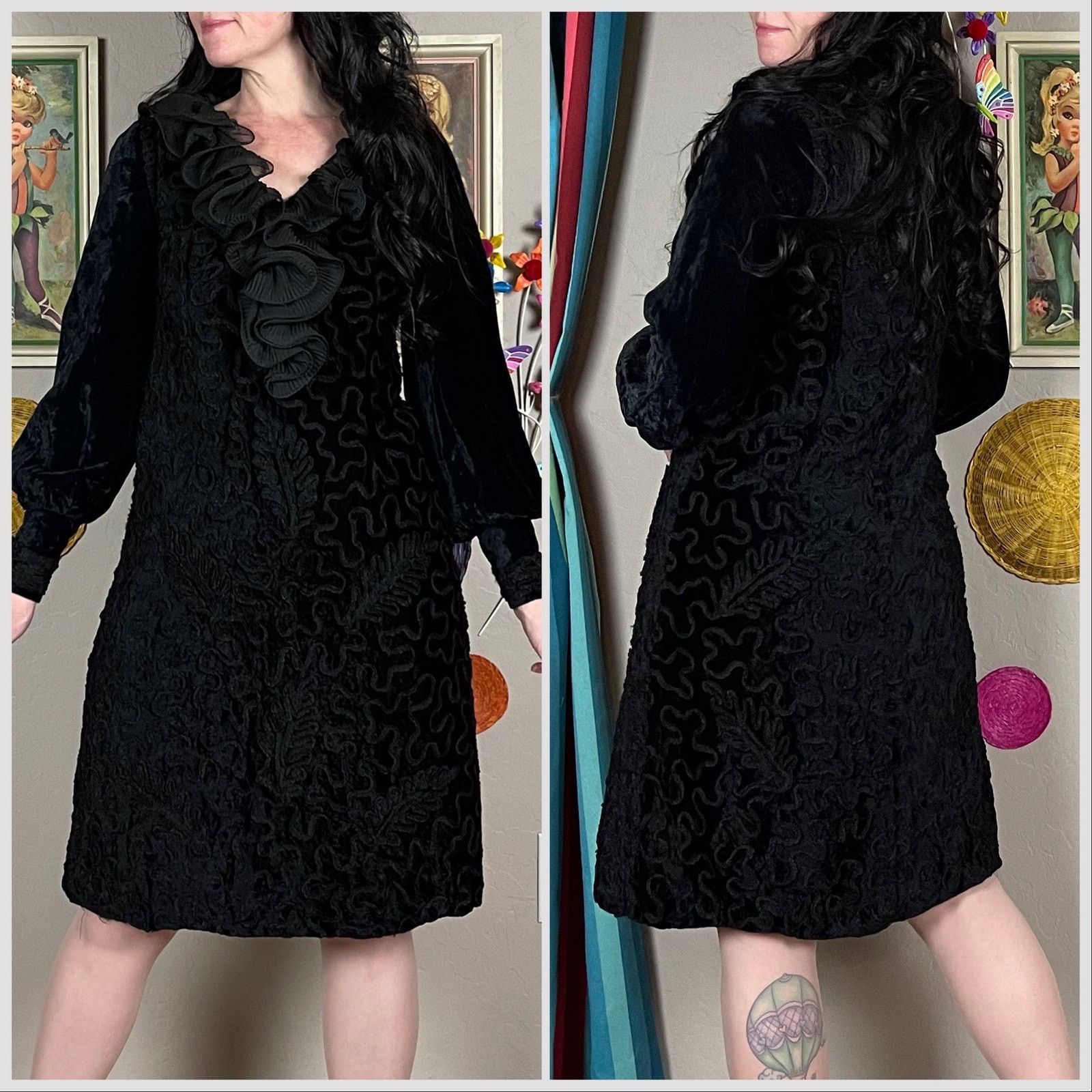 Vintage 70s Black Crushed Velvet Long Sleeve Ruffled A-Line Dress Size S / US 4 / IT 40 - 3 Thumbnail