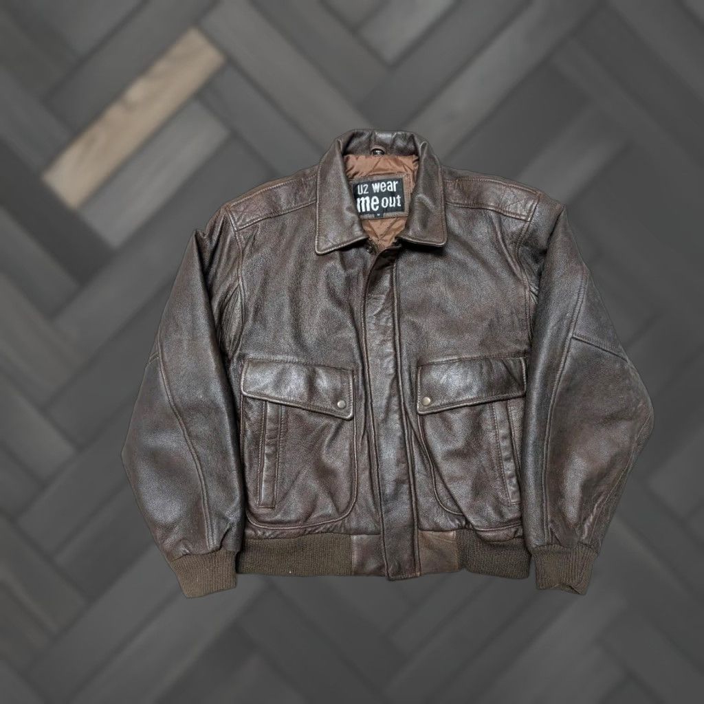 Vintage VINTAGE bomber jacket Mens Leather Brown 42 1980s 1990s Mad Max PATINA motorcycle zipper snap U2 Wear Me Out Size US M / EU 48-50 / 2 - 1 Thumbnail