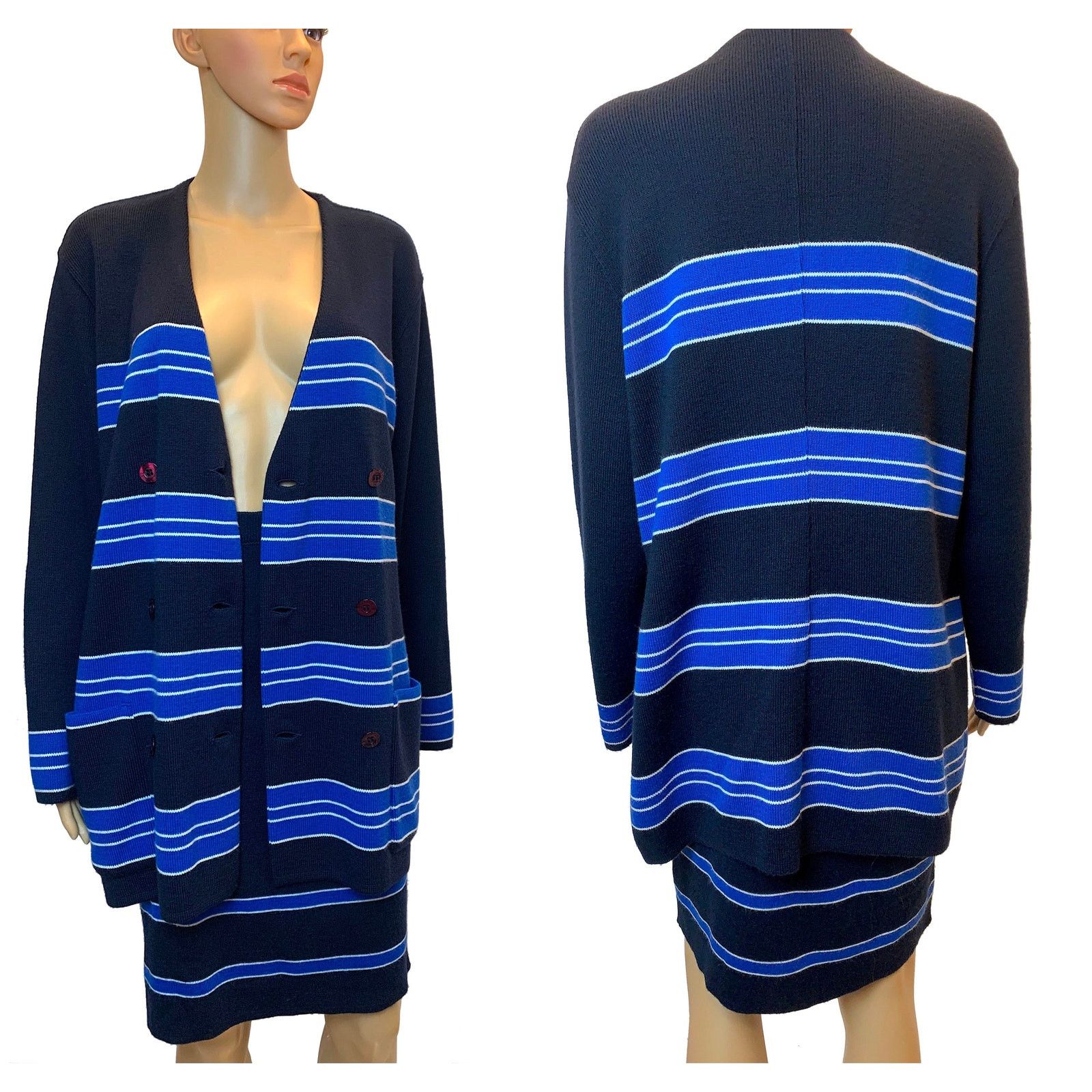 Vintage 80s RODIER Dark Blue Knit Skirt Suit | Oversized Cardigan Size M / US 6-8 / IT 42-44 - 3 Thumbnail
