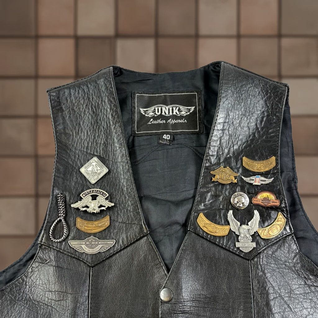Vintage Unik Leather Vest Mens Size 40 Black Motorcycle Jacket Riding Patch Sleeveless Size US XXS / EU 40 - 1 Thumbnail