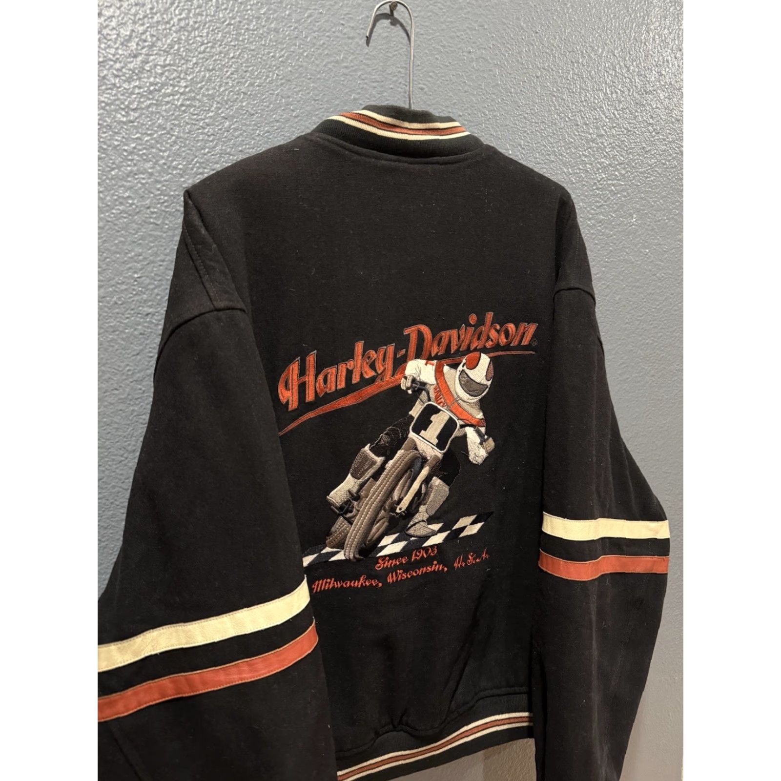 Harley Davidson VINTAGE Harley-Davidson Jacket Wool Snap Varsity XL Black 90s Racing Men Size US XL / EU 56 / 4 - 2 Thumbnail