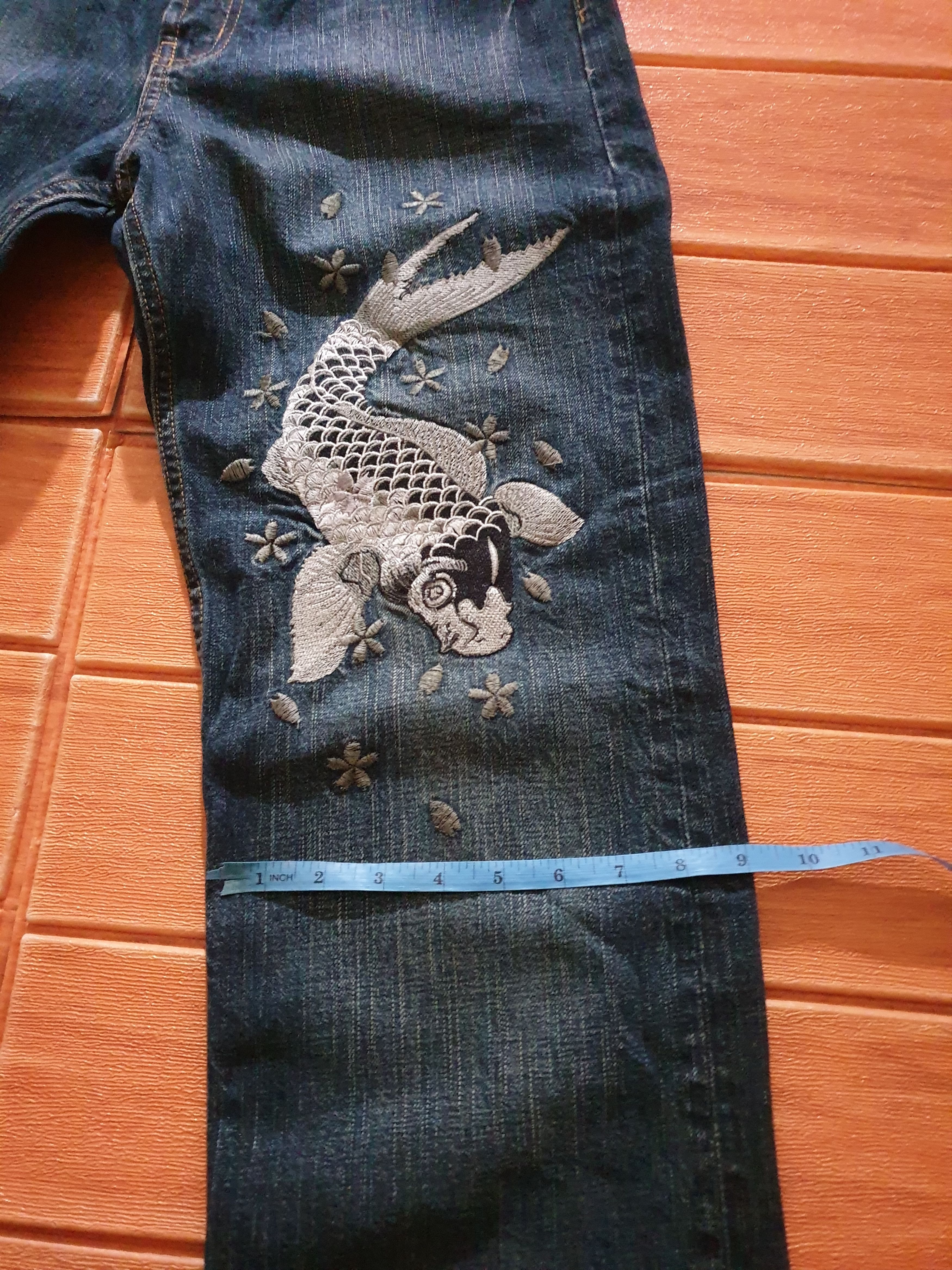 Japanese Brand 💥Koi fish embroidery sukajan denim pant Size US 29 - 6 Thumbnail