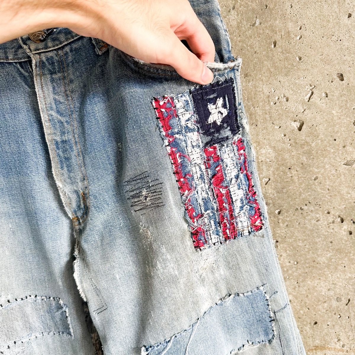 Vintage 70’s THRASHED Vintage Boro Flag Repair Patchwork Flare Denim Size US 33 - 5 Thumbnail