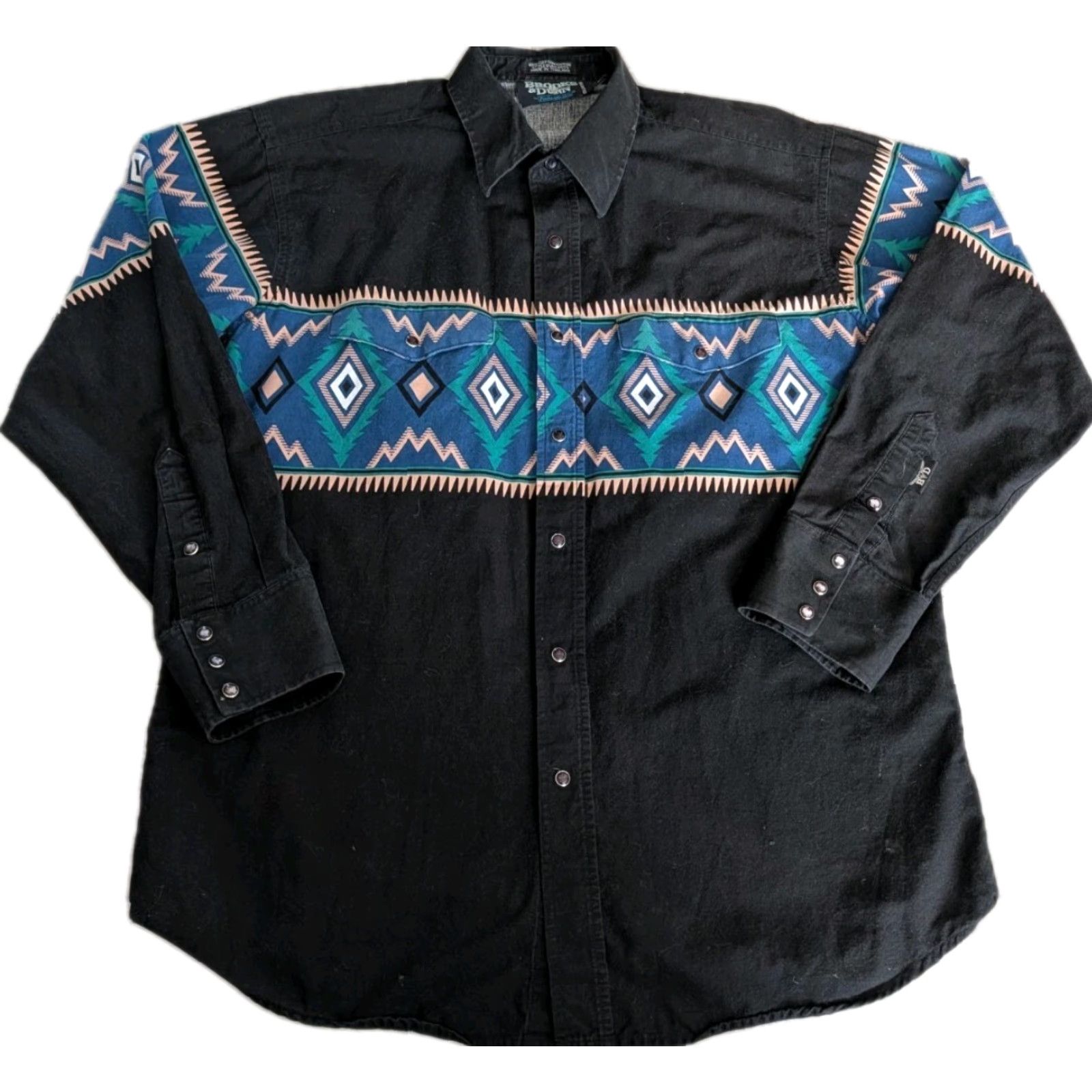 Brooks VINTAGE BROOKS & DUNN Shirt Mens L Black Aztec Snap Geometric Cowboy Western Southwestern Country Button-Up Long Sleeve Size US L / EU 52-54 / 3 - 2 Thumbnail