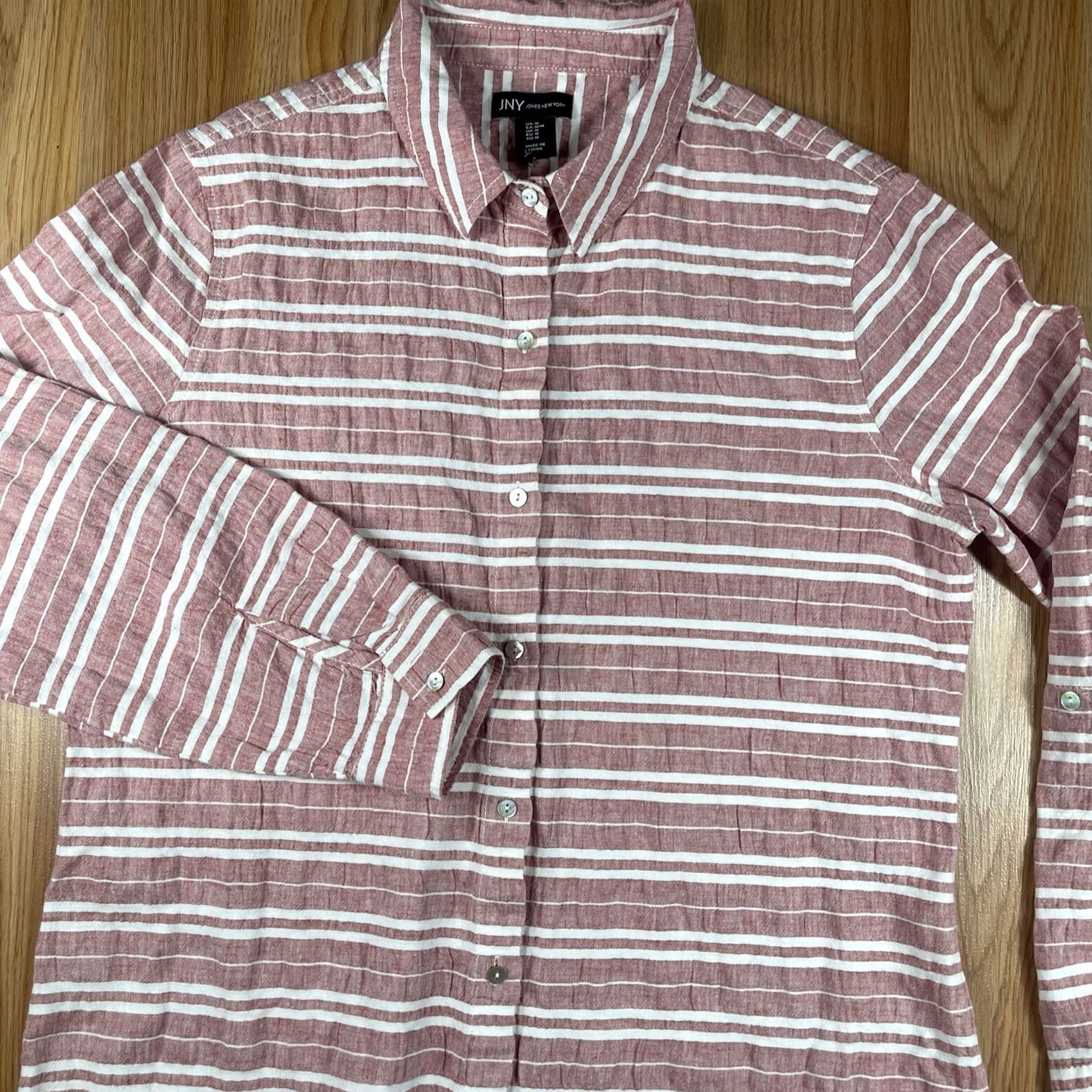 Jones New York JNY Jones NY Linen Blend Striped Long Roll Tab Sleeve Button Up Shirt Womens M Pink Shirt Ladies M Size M / US 6-8 / IT 42-44 - 2 Thumbnail