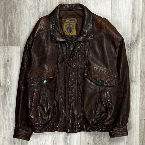 image of Vintage 1980S Midway Brown Xlarge Leather Jacket, Men's