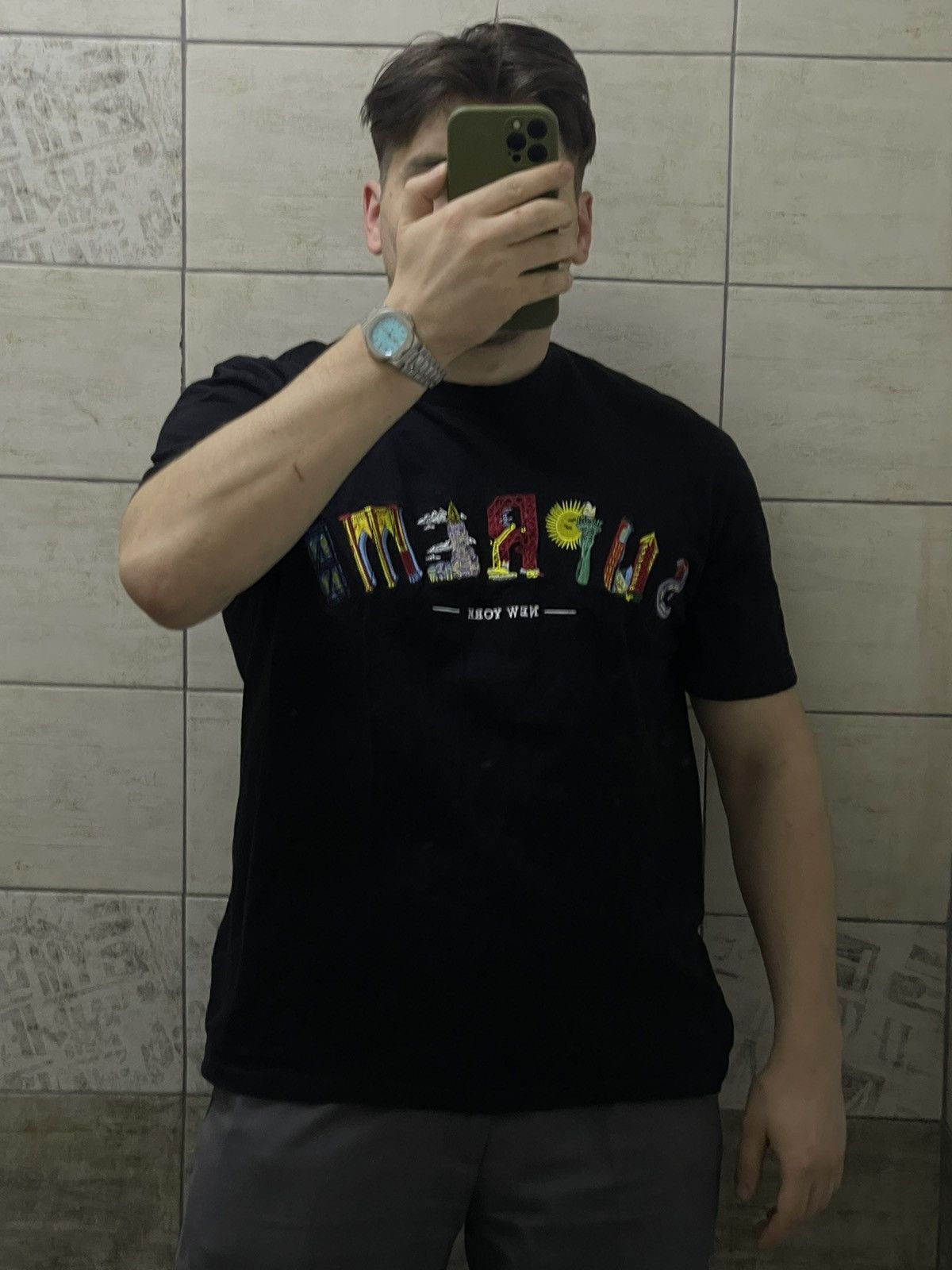 Supreme Supreme New York Arc black embroidered t-shirt tee