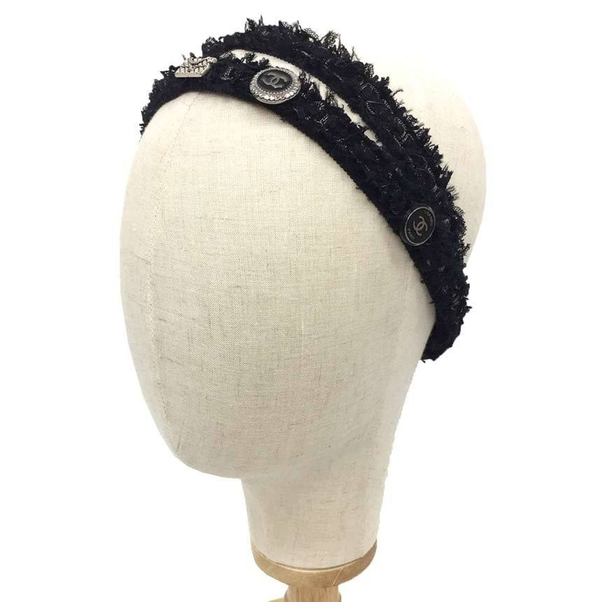 image of Chanel Headband Black Coco Mark Button Matelasse Tweed, Women's