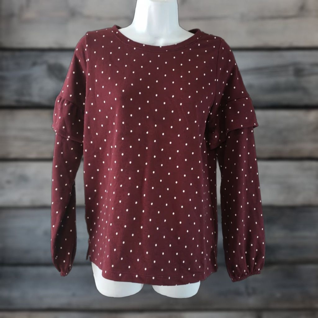 Old Navy Old Navy Womens Top Sz S Maroon White Polka Dot Long Sleeve Cotton Blend Blouse Buttonless? Size S / US 4 / IT 40 - 1 Thumbnail