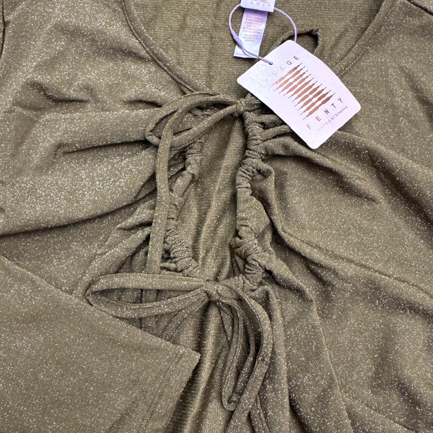 Olive Savage x Fenty by Rihanna Long Sleeve Tie Front Crop Blouse 3X Olive Green Metallic Clubwear Womens Size XXL / US 16-18 / IT 52-54 - 5 Thumbnail