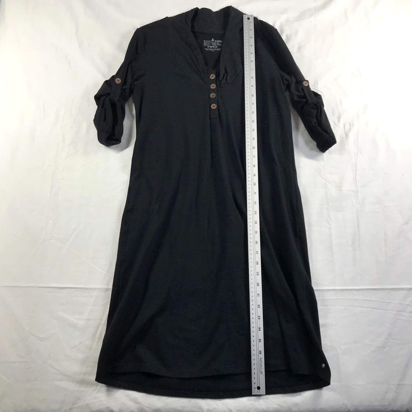 Vintage Neon Buddha Black Cotton Spandex Henley Midi Dress Small Size S / US 4 / IT 40 - 2 Thumbnail