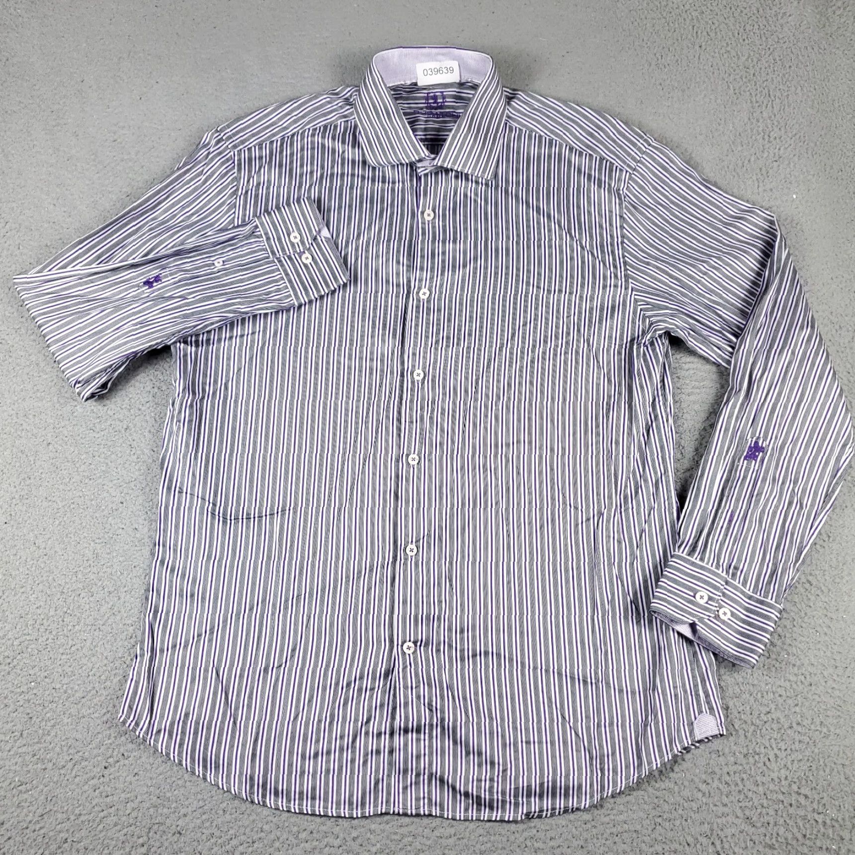 BUGATCHI Bugatchi Uomo Dress Shirt Mens 17.5 Purple Striped Button Up Long Sleeve Size 46R - 2 Thumbnail