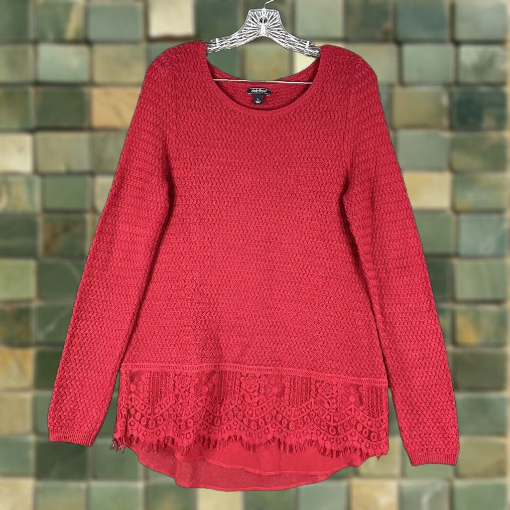 Lucky Brand Lucky Brand Sweater Shirt Women L Red Lace Trim Pullover Long Lace Sheer Trim 90s? (if applicable) Size L / US 10 / IT 46 - 1 Thumbnail