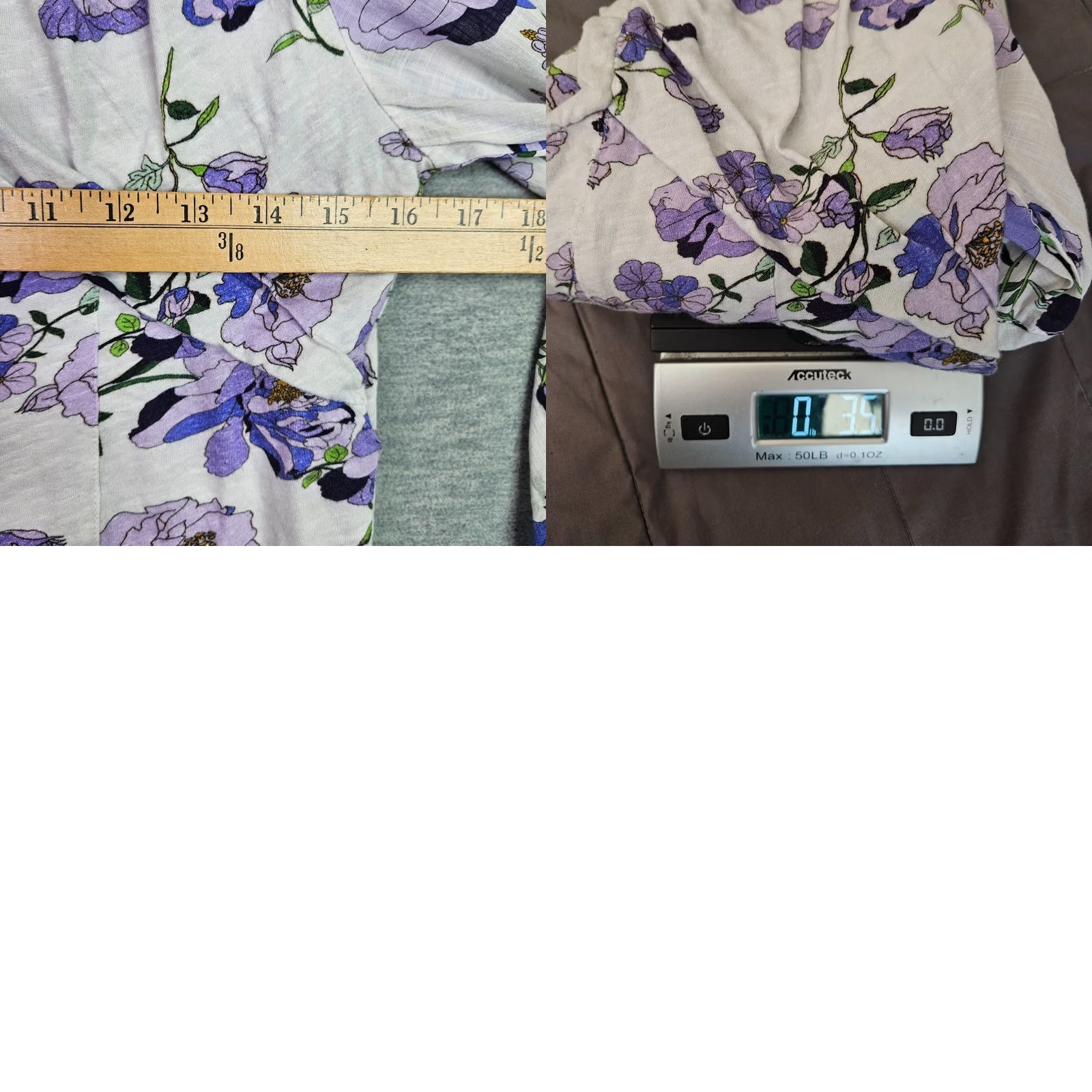 Vintage Maeve Women’s V-neck Ruched Knit Purple Floral Peplum Top M, 3/4 Sleeve, Cotton Blend, Regular Fit, All Seasons, Machine Washable, Blouse Size M / US 6-8 / IT 42-44 - 8 Thumbnail