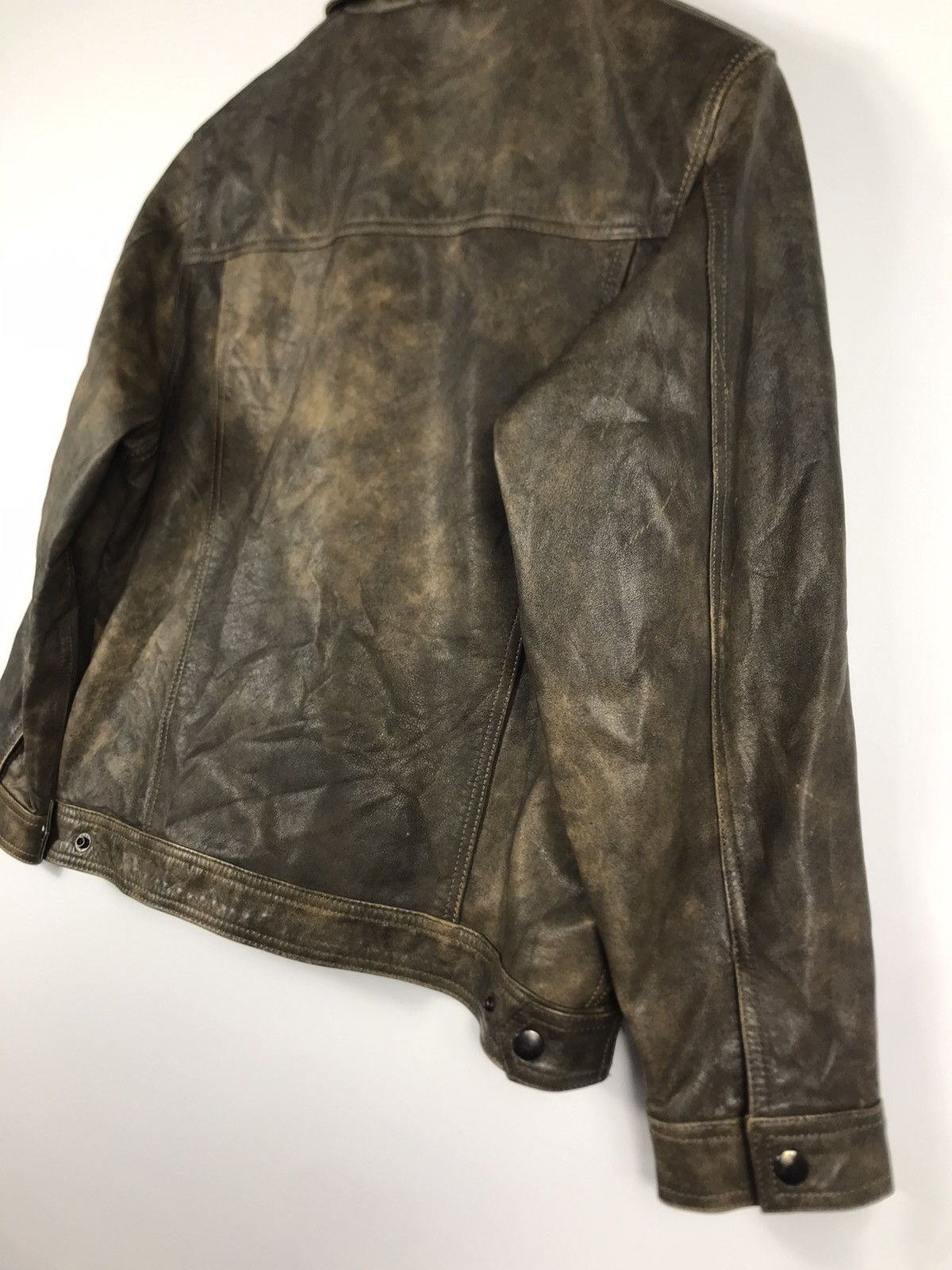 Japanese Brand × Vintage ⚡️Vintage Cross-Way Distressed Faded Leather Trucker Jacket Size XS / US 0-2 / IT 36-38 - 16 Thumbnail