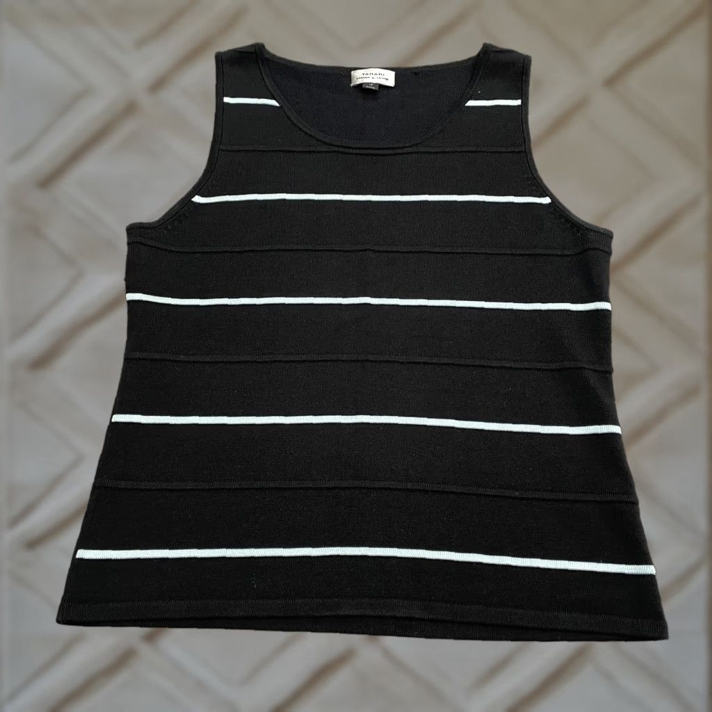 Vintage Tahari Knitted Tank Top Women 12 Black White Striped Silk Blend Tank Sleeveless Shirt Regular Fit Casual Womens Size XL / US 12-14 / IT 48-50 - 1 Thumbnail