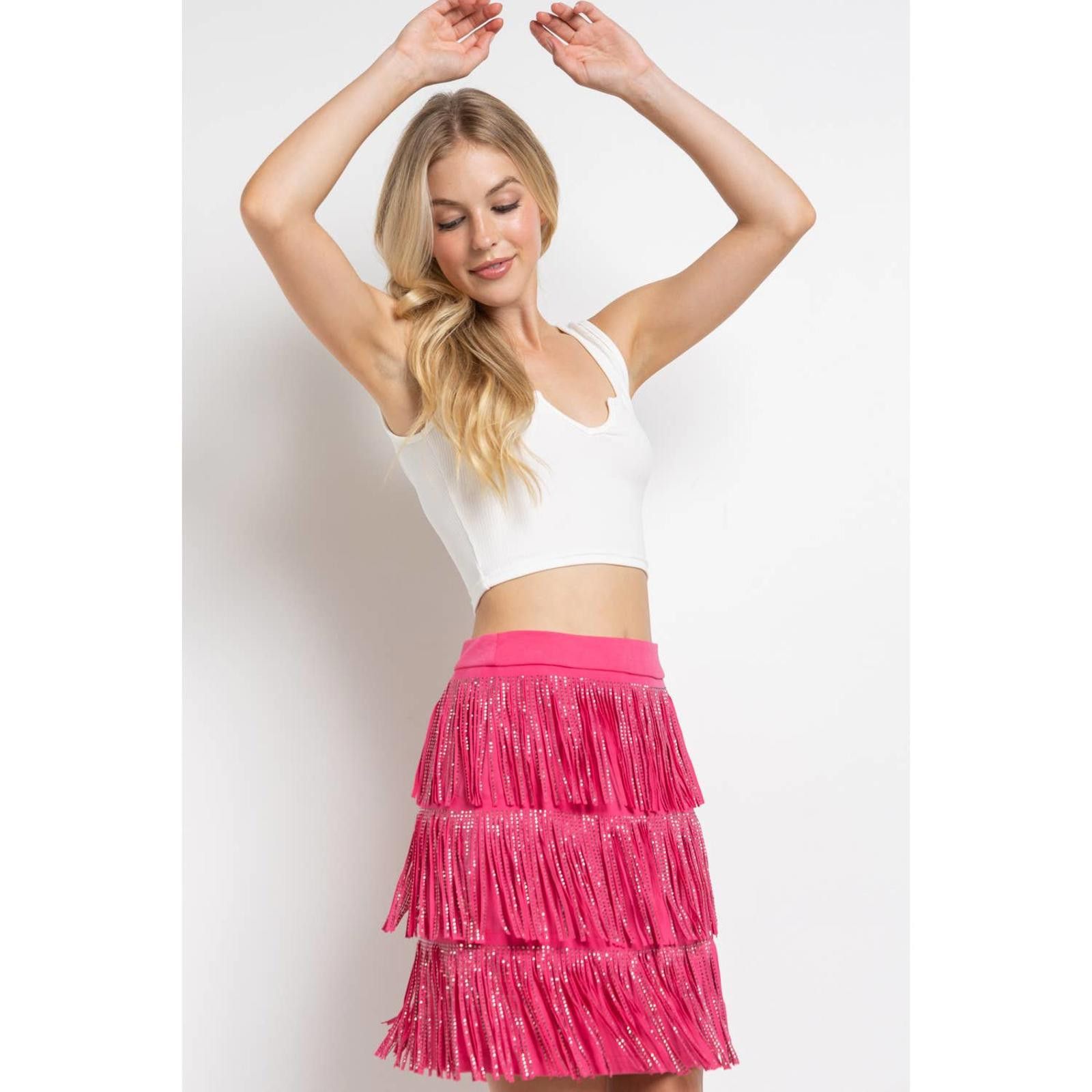 Other Rhinestone Suede Fringe Skirt (Fushia) Size 28" / US 6 / IT 42 - 6 Thumbnail