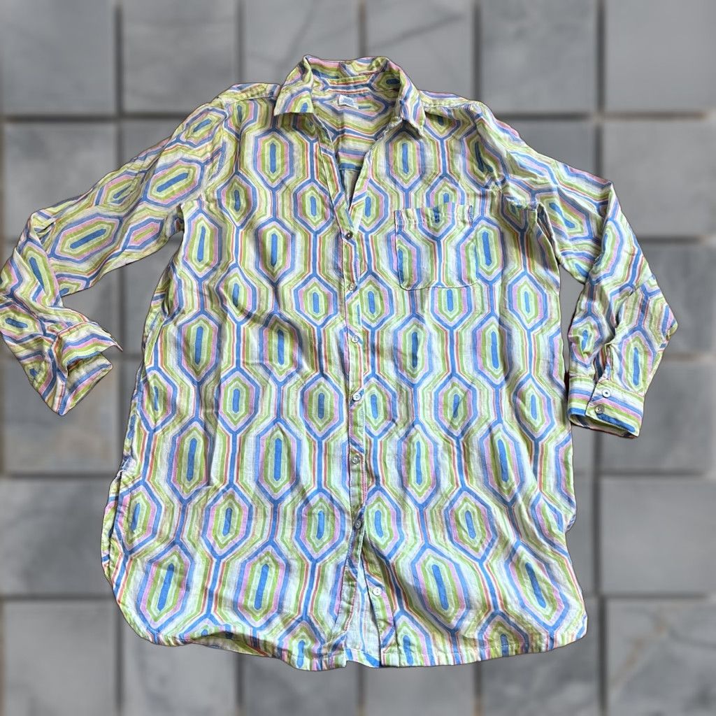 Vintage Sigrid Olsen Shirt Womens Large Button Down Linen Green Blue Tunic Top Blouse Regular L Womens Size L / US 10 / IT 46 - 1 Thumbnail
