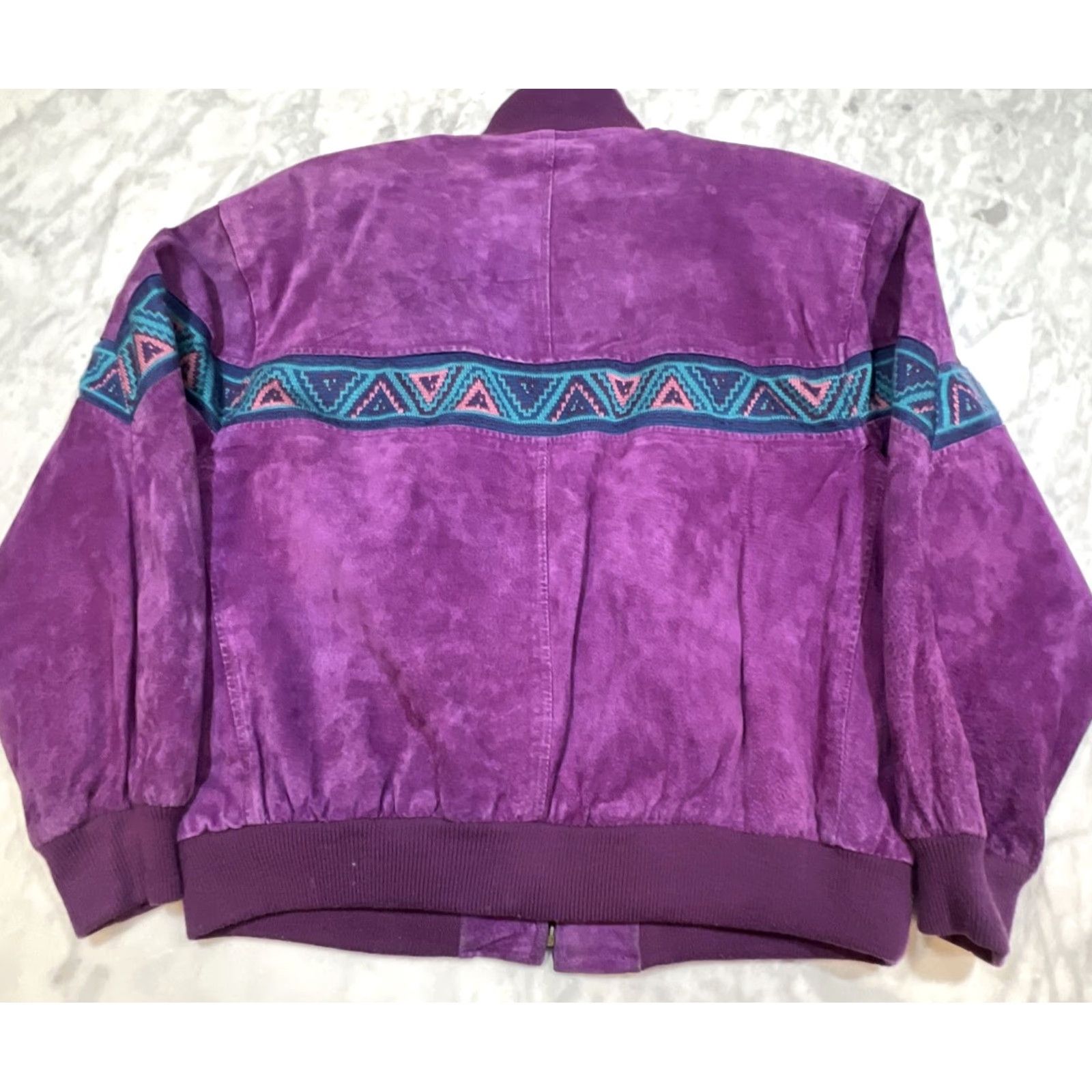 Vintage VINTAGE Mesa Ridge Purple Suede Leather Jacket L Aztec Geometric Stripe Zip Up Women Bomber Jacket Size L / US 10 / IT 46 - 5 Thumbnail