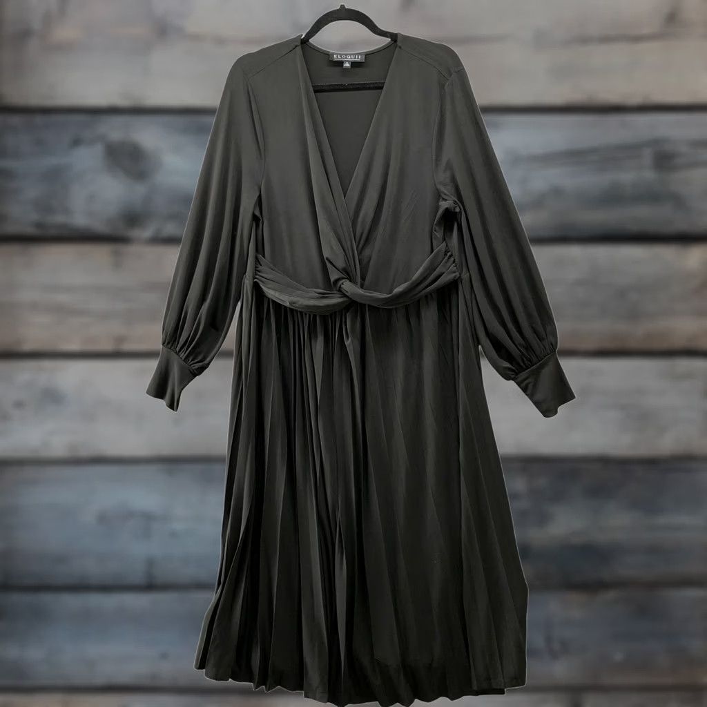Vintage Eloquii Knot Front Pleated Skirt Dress Black Long Sleeve Knee Length 18 Plus Women A-Line V-Neck Jersey Knit Professional Wearable Dress Size XXL / US 16-18 / IT 52-54 - 1 Thumbnail