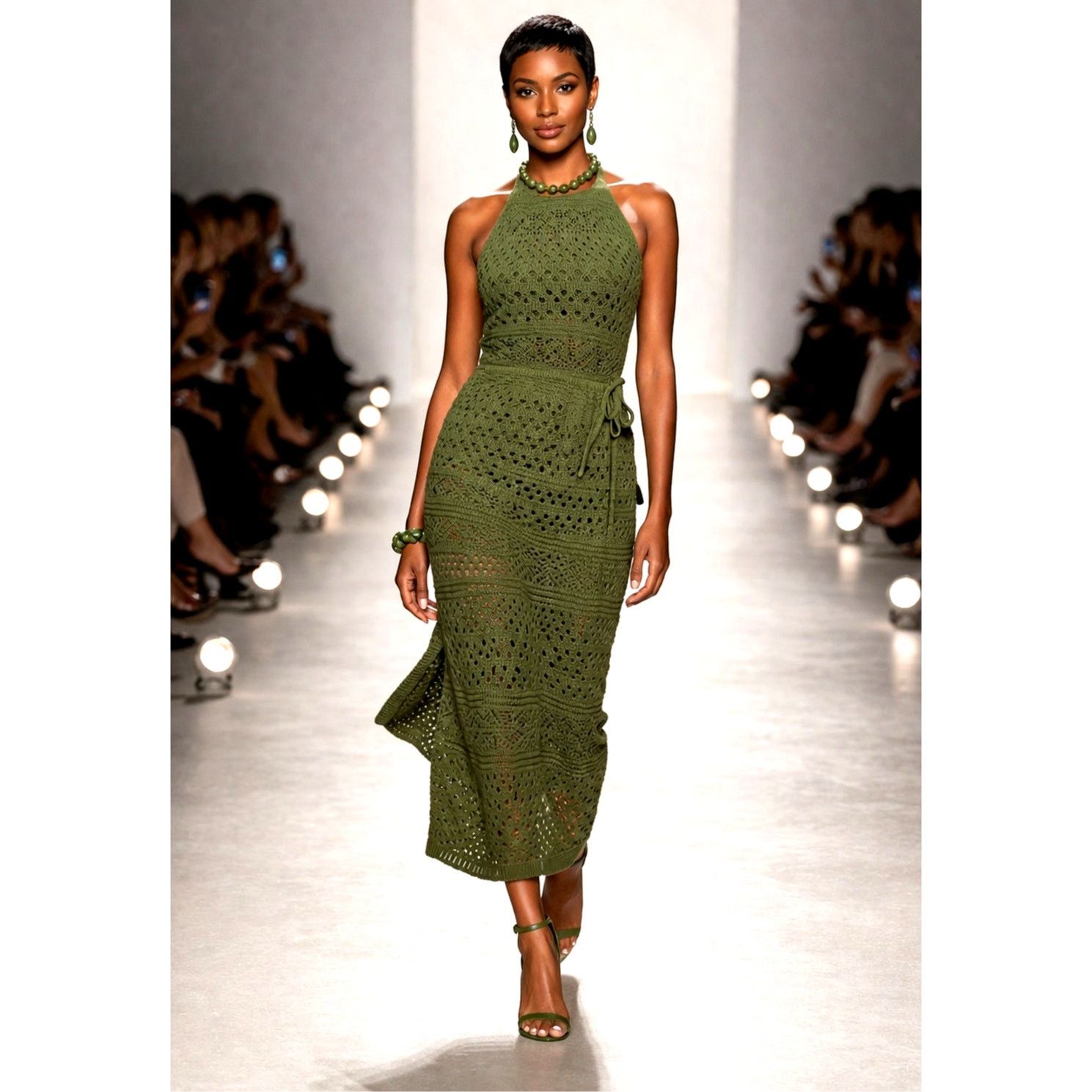 Other Lulu's Blissful Strolls Crochet Wrap Halter Midi Olive L Size L / US 10 / IT 46 - 1 Thumbnail