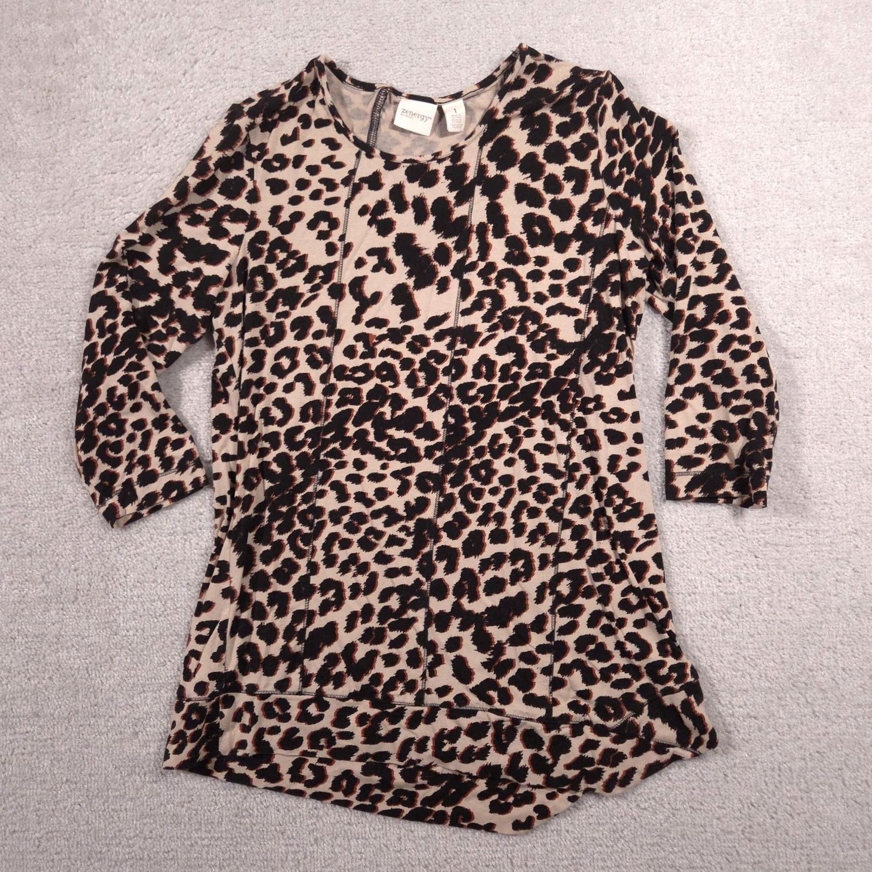 Vintage Chico's Zenergy Shirt Womens 1 Brown Leopard Print 3/4 Sleeve Stretch Tunic Top Size XS / US 0-2 / IT 36-38 - 2 Thumbnail