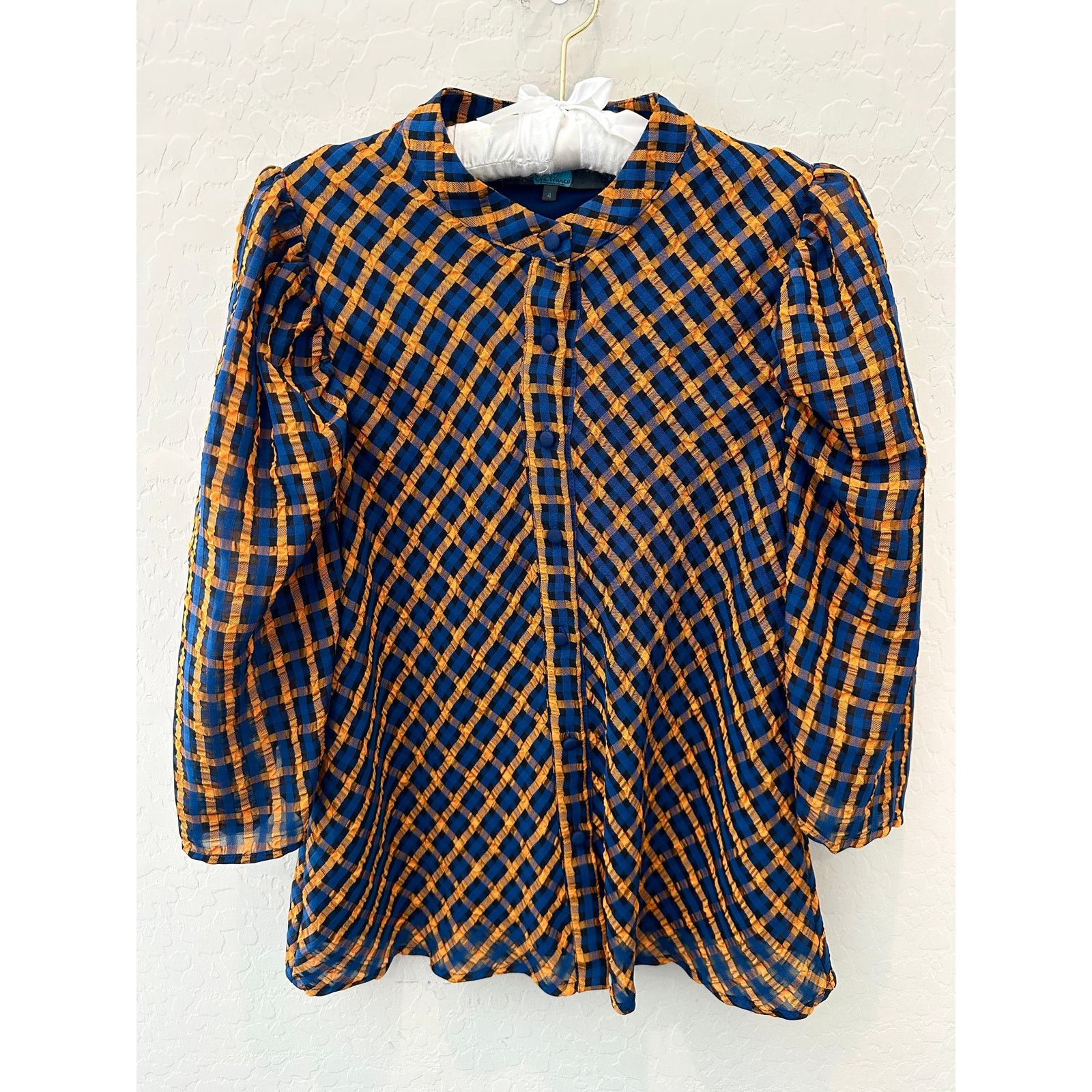 Anthropologie × Eva Franco ANTHROPOLOGIE Orange Blue Button Front Textured Plaid Blouse Size S / US 4 / IT 40 - 1 Thumbnail