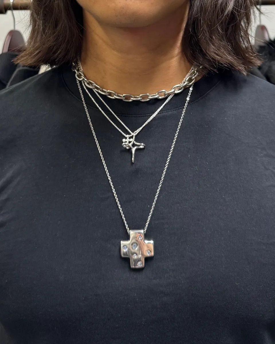 Vintage × Yves Saint Laurent 2000s Yves Saint Laurent Blue Crystal Silver Cross Necklace Size ONE SIZE - 2 Thumbnail