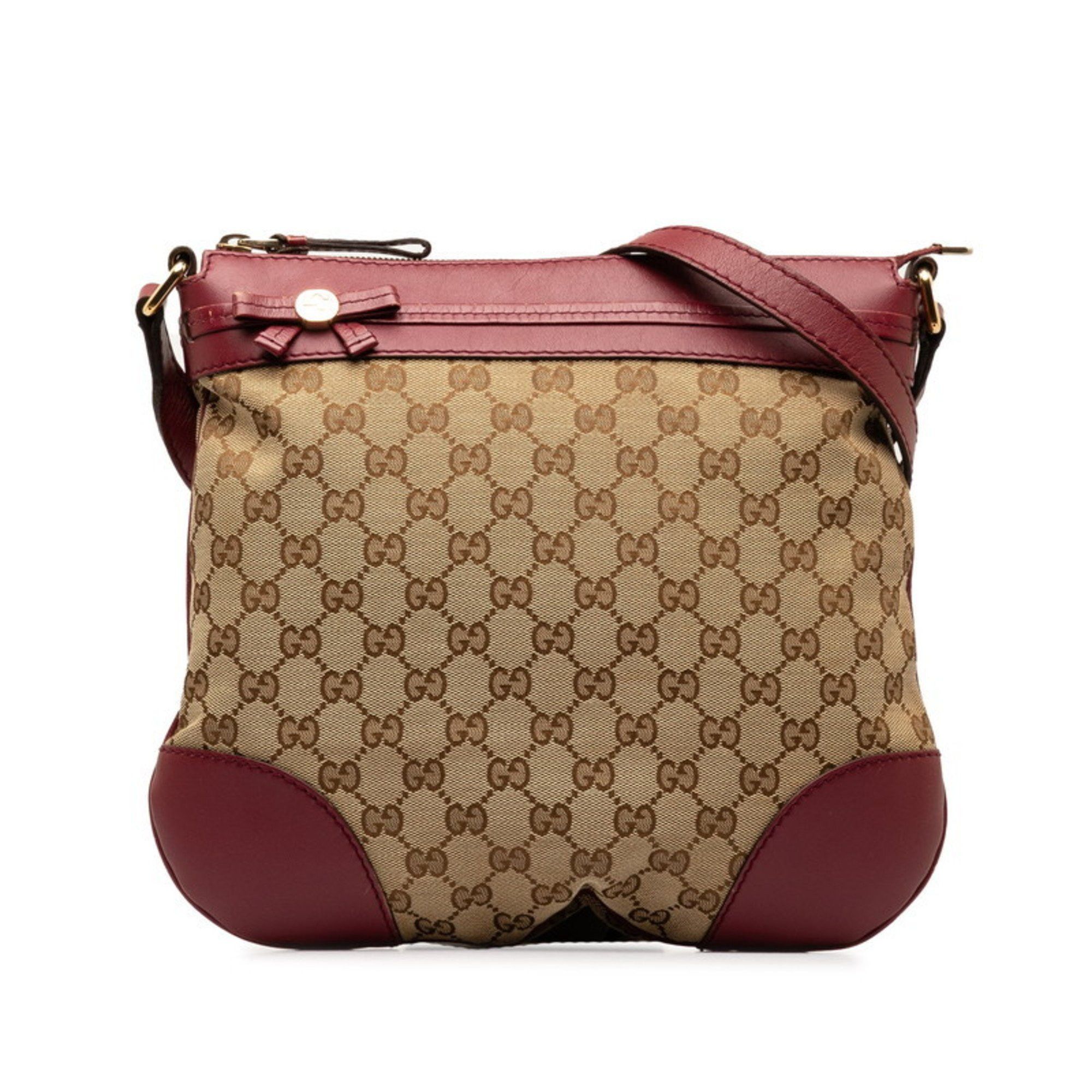 image of Gucci GG Canvas Princess Shoulder Bag 257065 Beige Wine Red Leather Women's Gucci
