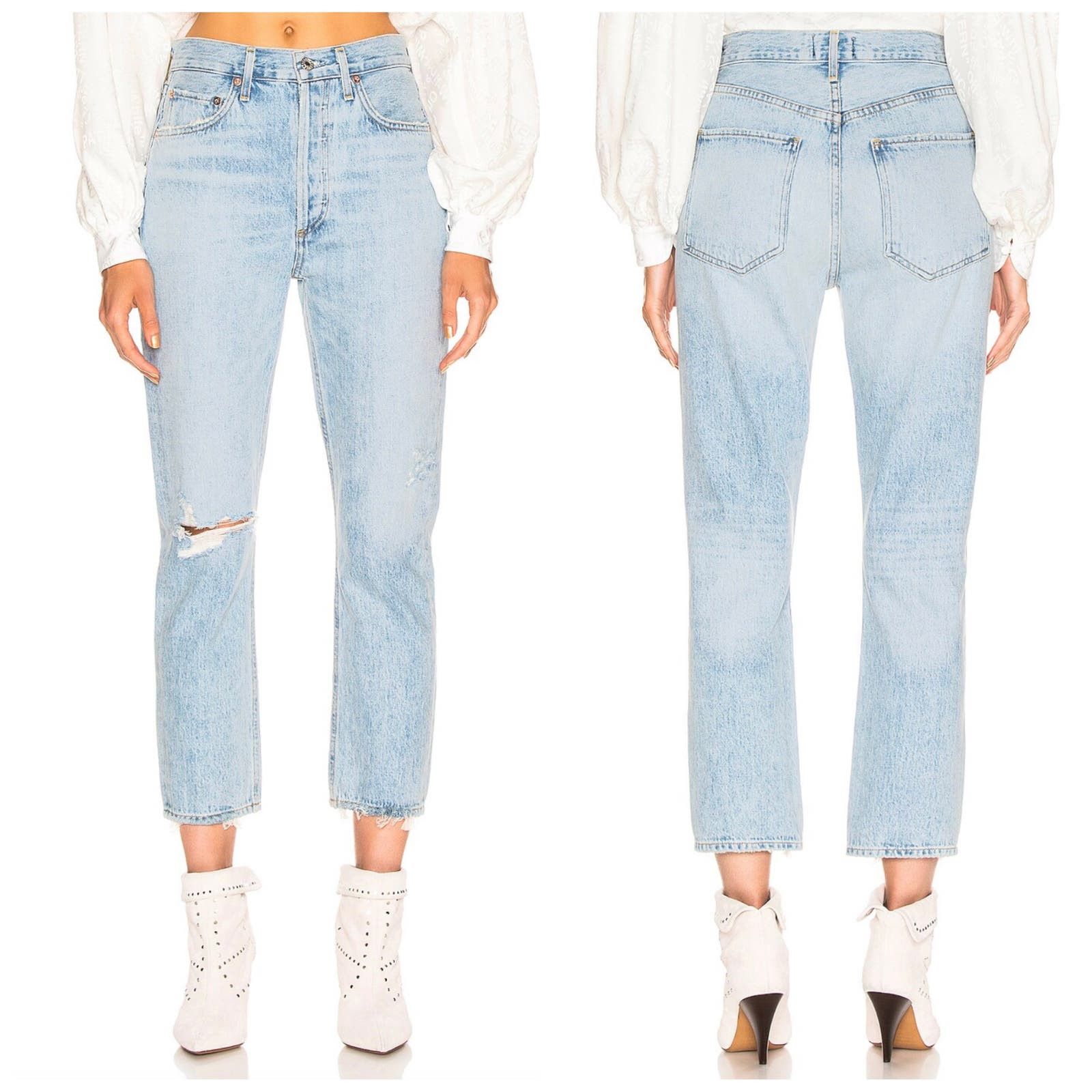 image of Agolde Riley High Rise Straight Crop Jean Shatter Wash in Blue, Women's (Size 26)