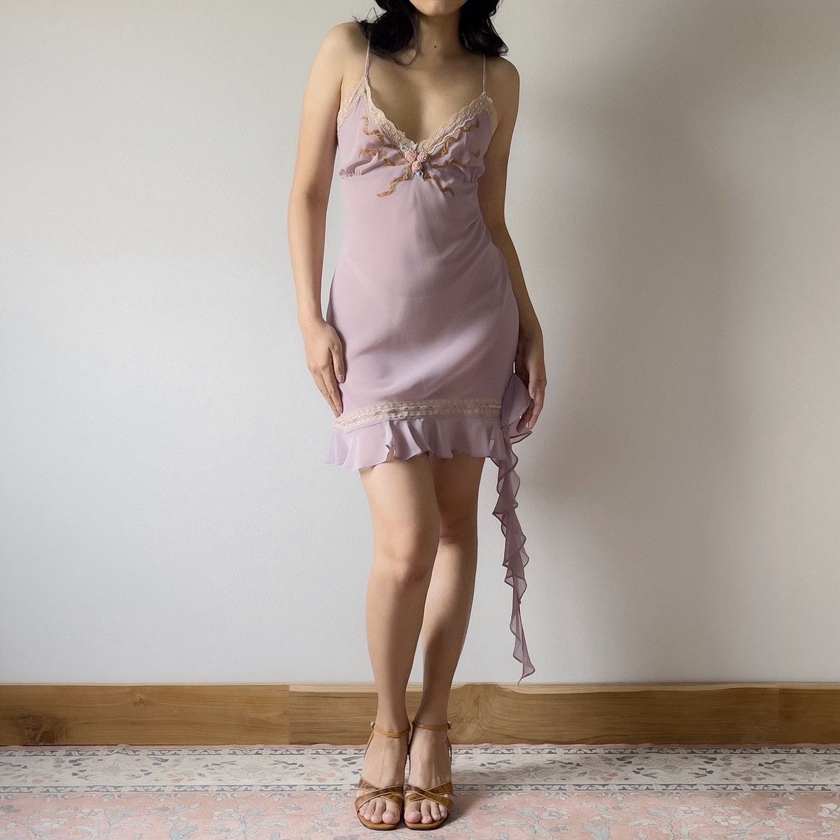 Vintage Romantic Dusty Purple Chiffon Semi-Sheer Mini Dress (Large) Size L / US 10 / IT 46 - 10 Thumbnail