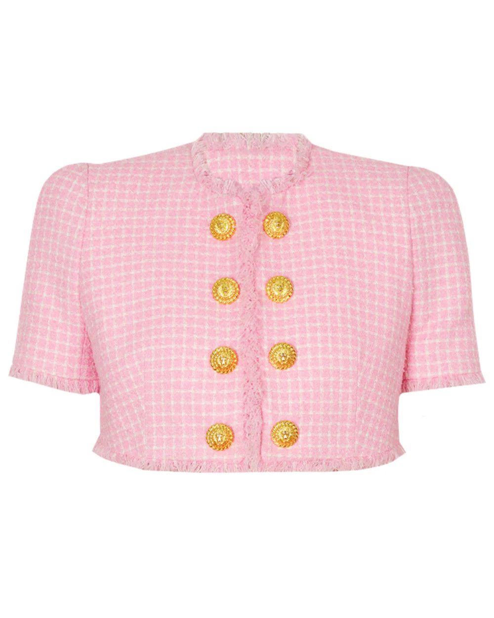 Balmain o1s1wg110125 Tweed Vichy Cropped Jacket in Pink Size S / US 4 / IT 40 - 1 Thumbnail