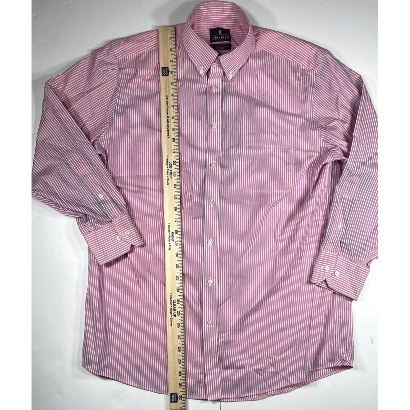 Stafford Stanford NonIron Button Up Long Sleeve Dress Shirt Mens 16 1/2 32/33 Pink Striped Size 46R - 3 Thumbnail
