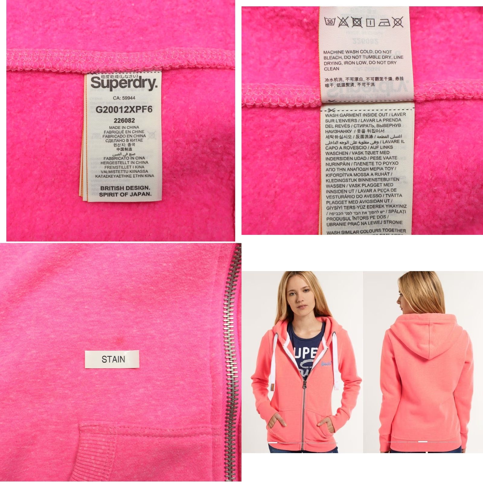 Superdry Superdry Women's Orange Label Zip Hoodie Faded Neon Pink Sz S - Hooded, Full Zip, Pockets, Cotton Polyester, Pink, 1990s? Size S / US 4 / IT 40 - 8 Thumbnail