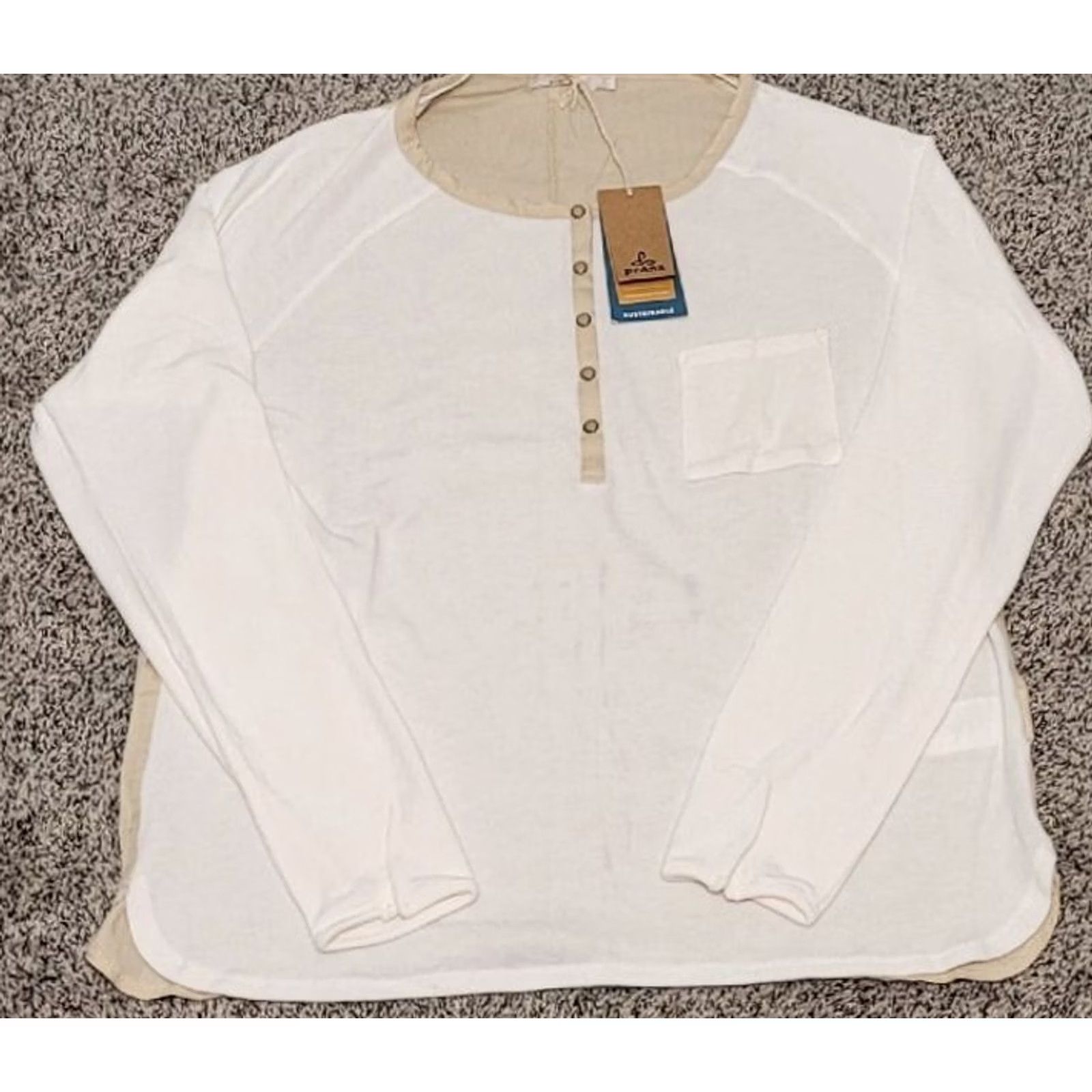 Prana prAna Hensley Henley Women's Top T Shirt XL Long Sleeve Snaps Ivory Tan Colorblock Casual/Athleisure/Yoga Womens Size XL / US 12-14 / IT 48-50 - 3 Thumbnail