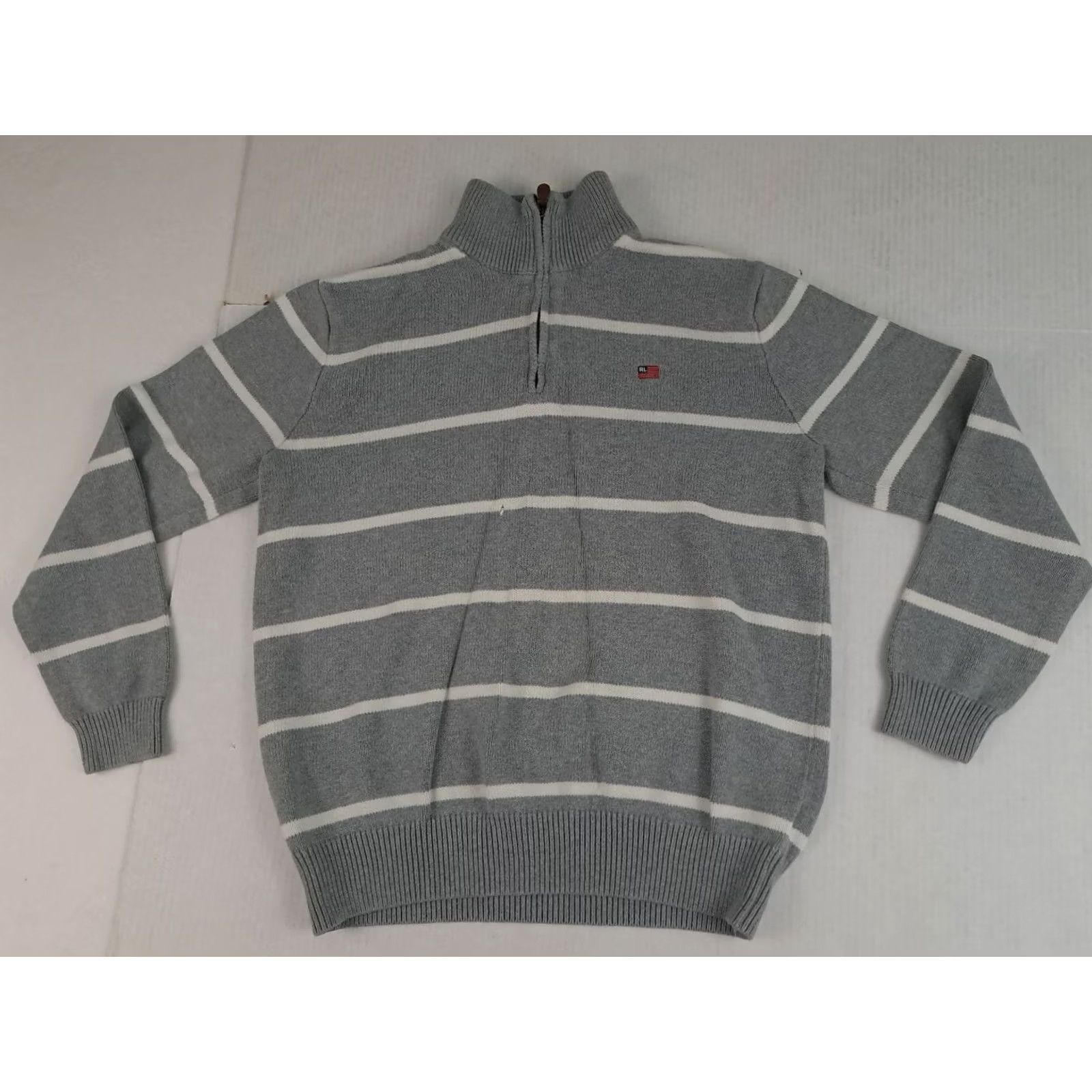 Ralph Lauren VINTAGE Ralph Lauren Jeans Company 1/4 Zip Polo Sweater Grey Striped Knit Long Sleeve Mens M Regular Pullover Size US M / EU 48-50 / 2 - 2 Thumbnail