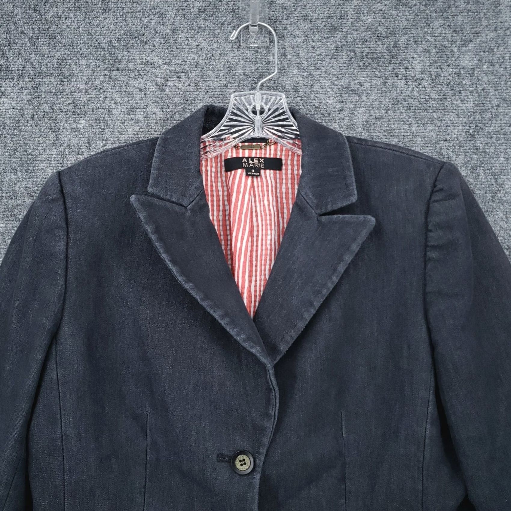 Vintage Alex Marie Blazer Womens 8 Blue Denim Striped Two Button Notched Jacket Suit Professional Everyday Wear Size M / US 6-8 / IT 42-44 - 3 Thumbnail