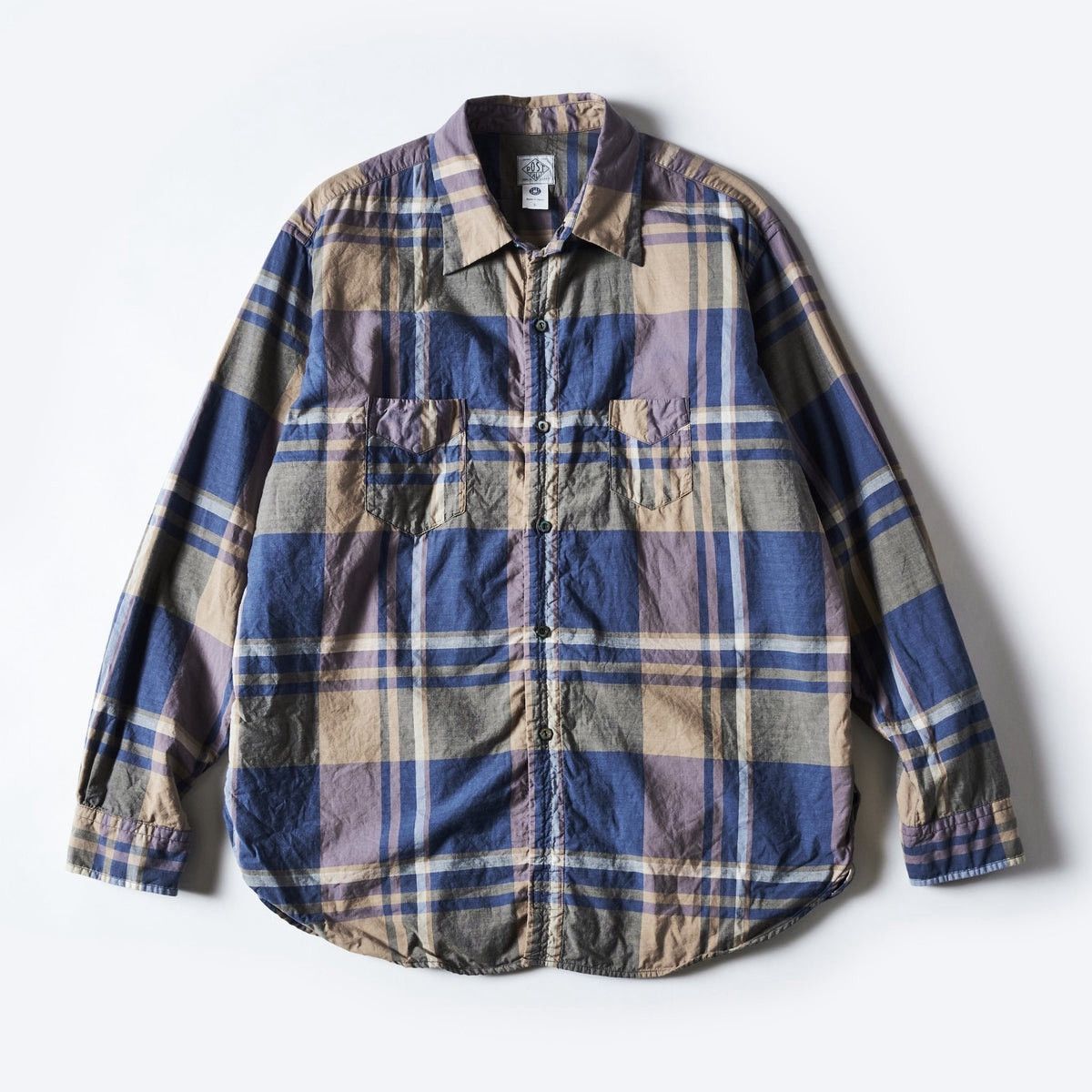 Japanese feather chambray plaid W-ply blue button up shirt