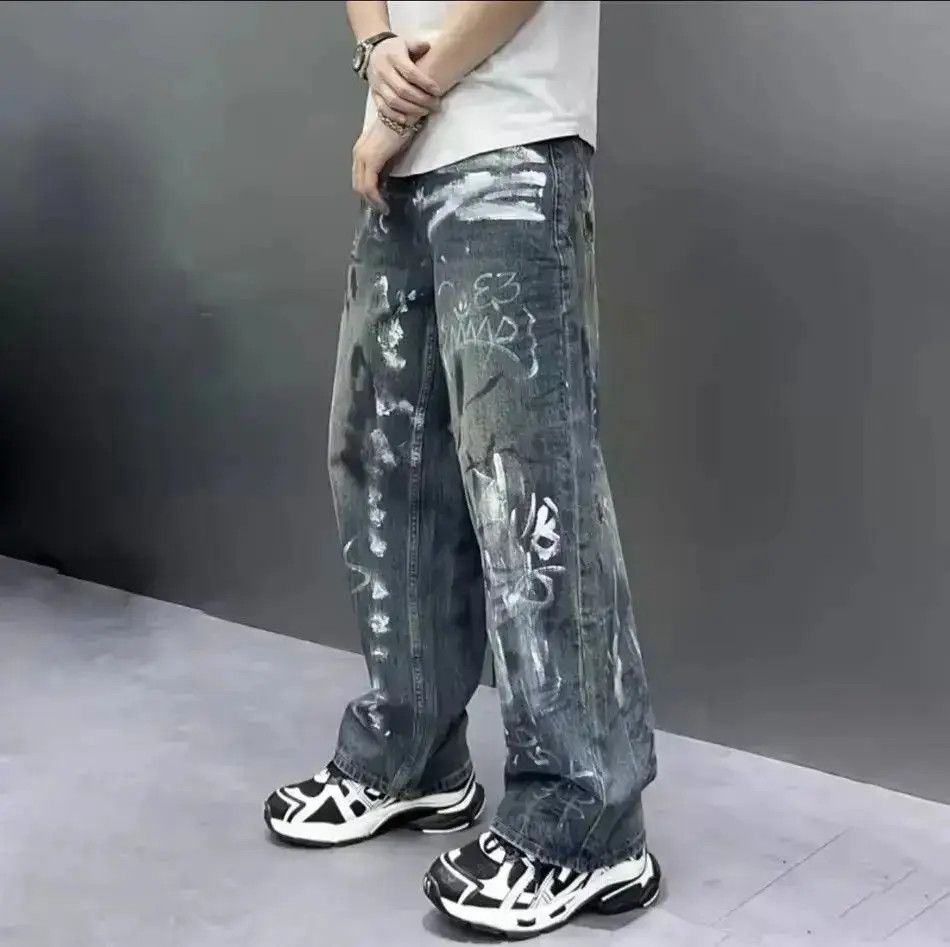 Japanese Brand Y2K Baggy Jeans Vintage Blue Loosen Fit Hand-painted Denim Size US 32 / EU 48 - 2 Thumbnail