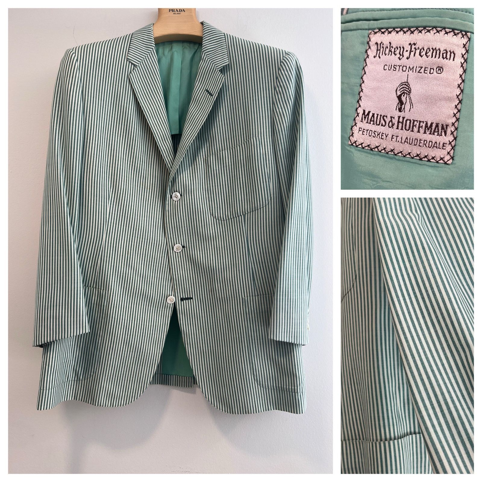 Hickey Freeman Hickey Freeman 3 Button Suit Jacket Green Pinstripe 44 Size 44R - 1 Thumbnail