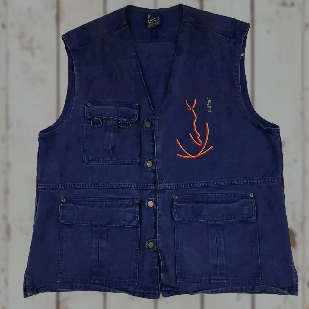 Karl Kani VINTAGE Karl Kani Cargo Vest Shirt Mens M Blue Cotton 90s Hip Hop USA Made Jeans Cargo vest Size 40R - 1 Thumbnail