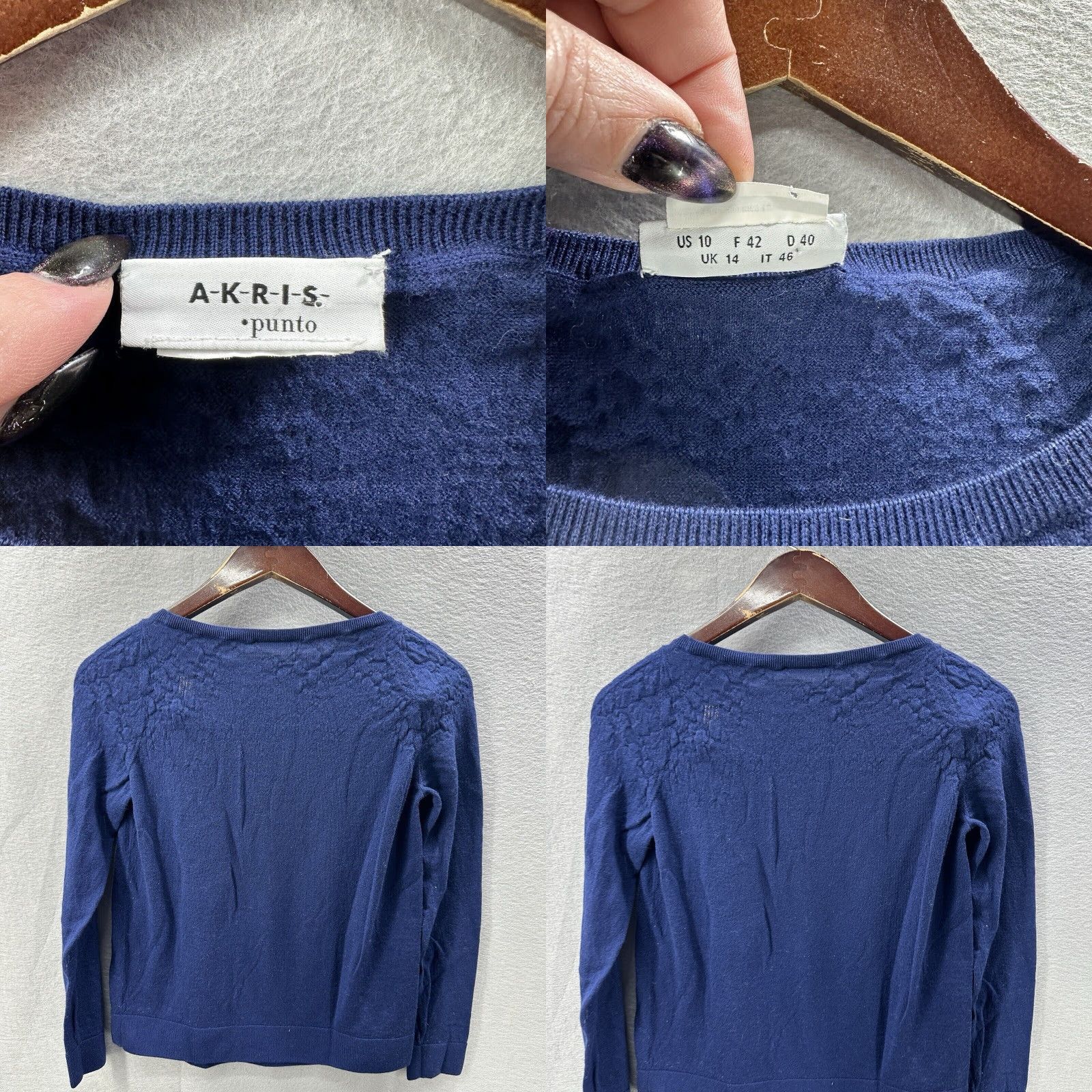 Vintage Akris Punto Sweater Womens 10 Blue Wool Long Sleeve Crew Neck Classic Designer Pullover Size L / US 10 / IT 46 - 8 Thumbnail