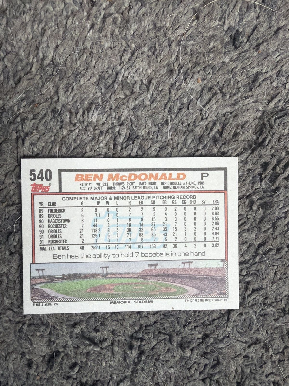 MLB 1992 Topps #540 Ben McDonald Card Size ONE SIZE - 2 Thumbnail