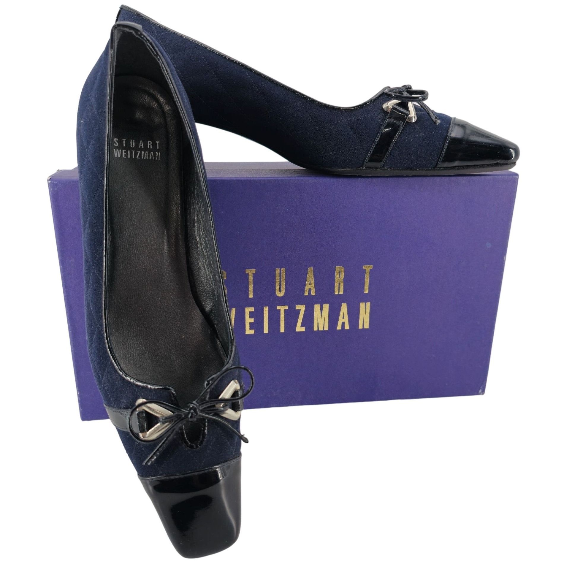 Stuart Weitzman Stuart Weitzman 8.5AAAA Navy Crepe Black Leather Dress Heels Size US 8.5 / IT 38.5 - 1 Thumbnail