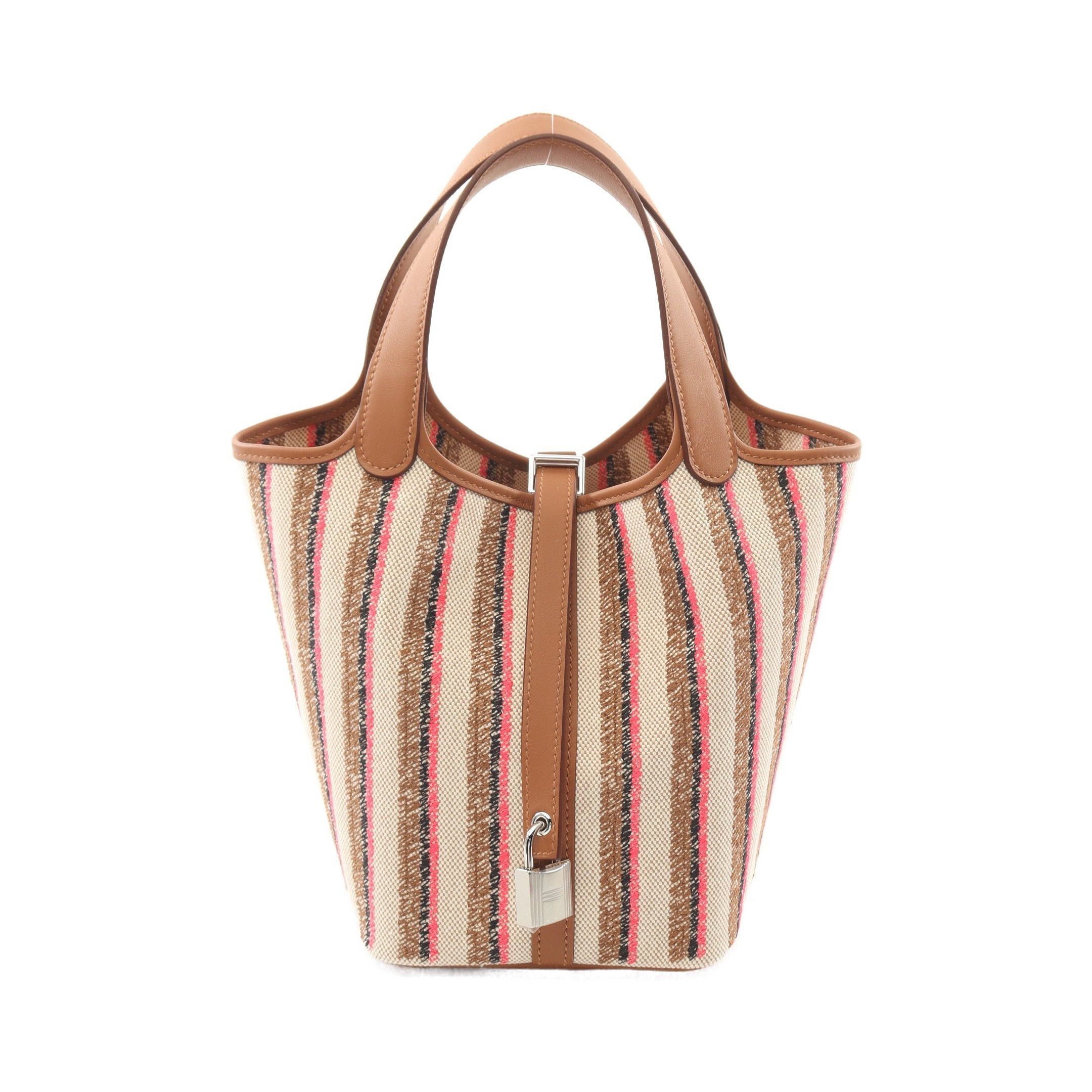 Hermes Hermes Picotan Lock Pm Gold Ecru Forbe Rose Pop Handbag Toile Ash Veau Swift Ivory Light Brown Multicolor Silver Hardware Double Engraved Size ONE SIZE - 1 Thumbnail
