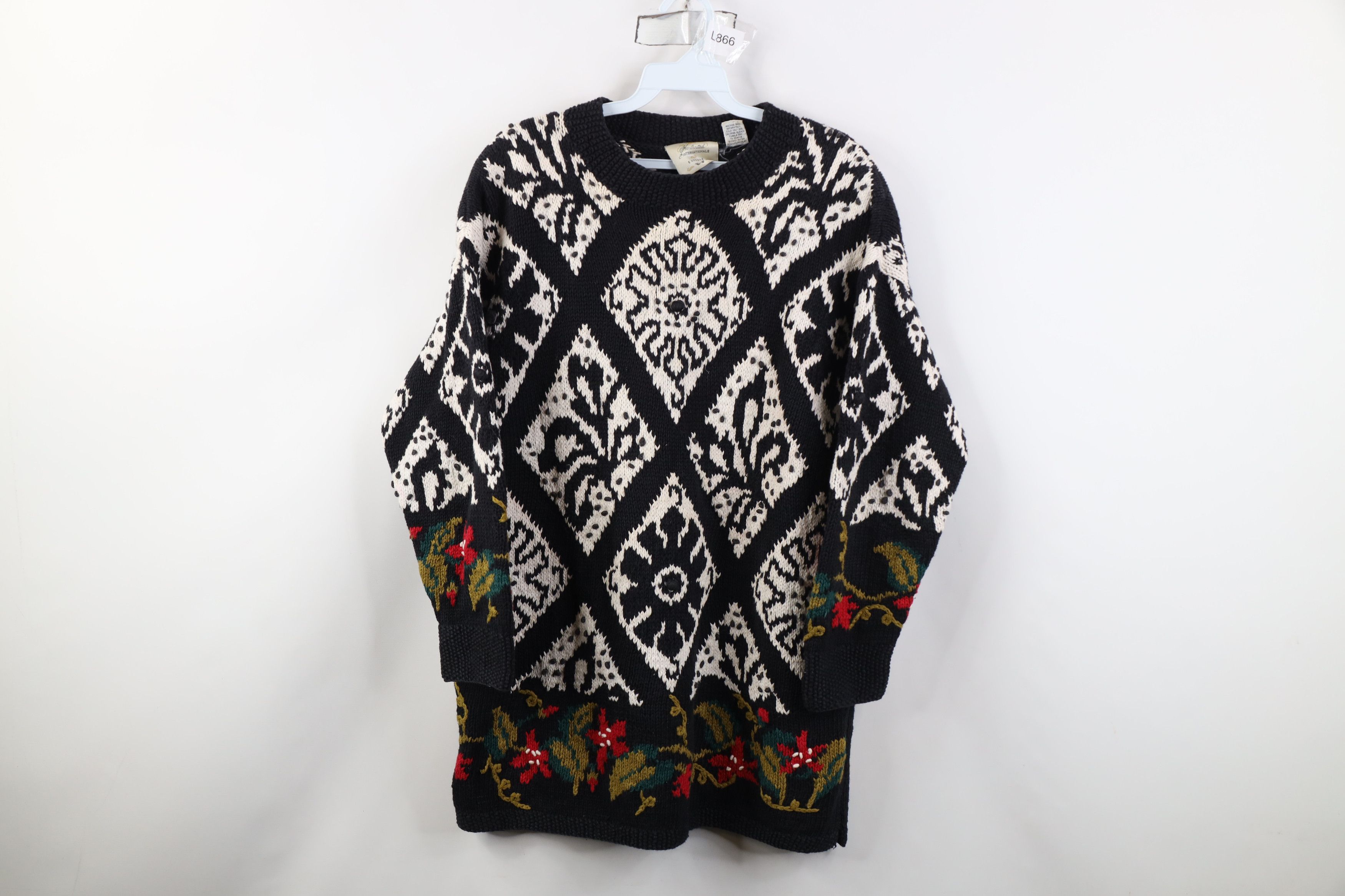 Express Vintage 90s Express Hand Knit Flower Tunic Sweater Size L / US 10 / IT 46 - 1 Thumbnail