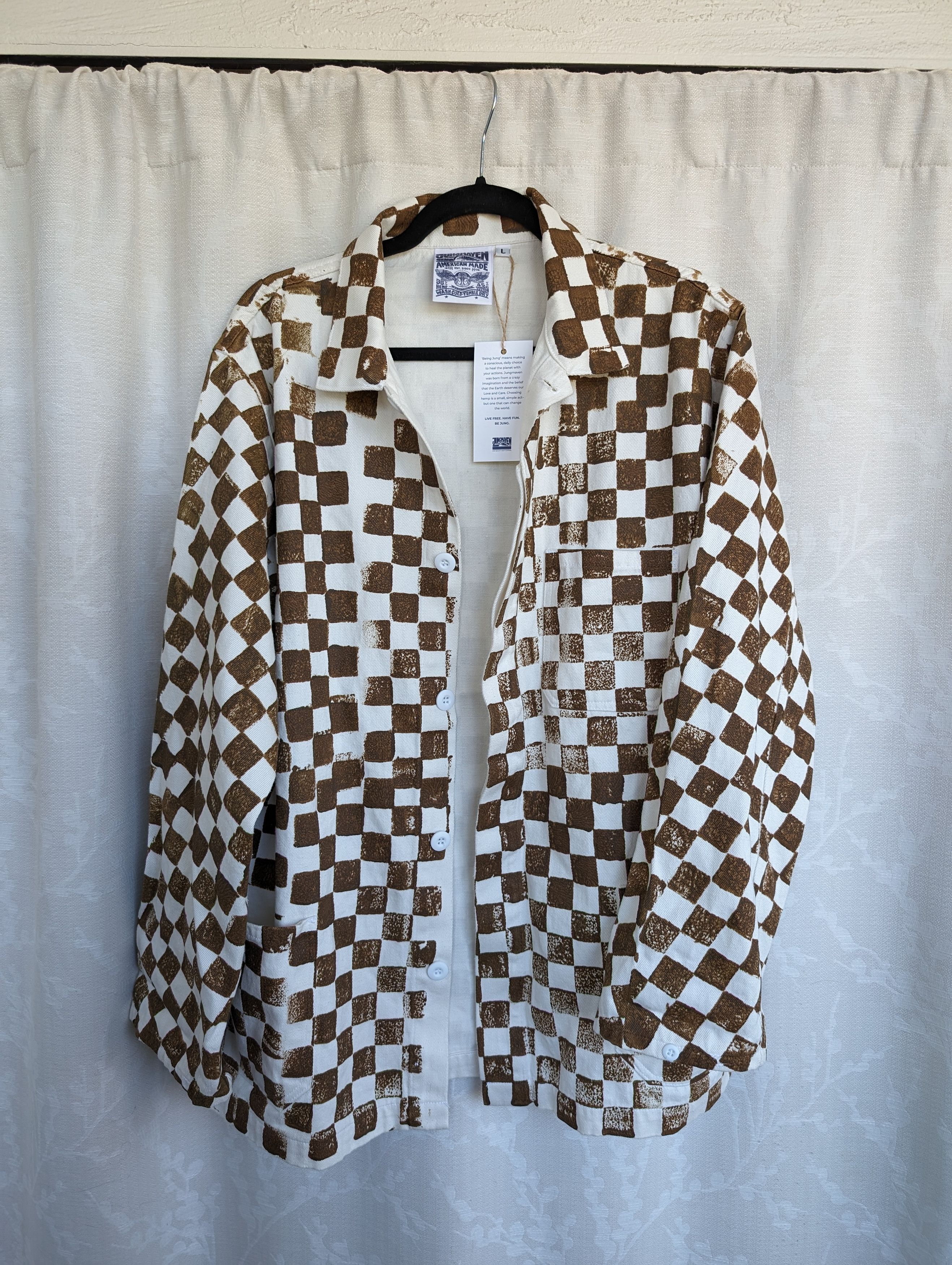 image of Jungmaven Hemp Checker Olympic Jacket in Coyote Checker On Washed White, Men's (Size Large)