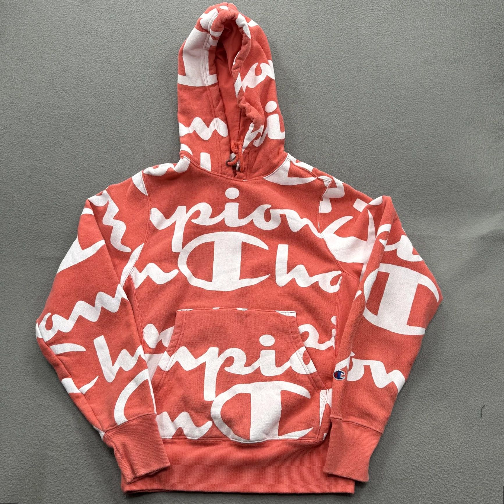 Champion Champion Hoodie Mens Small Coral White Reverse Weave Allover Big Logo Script Size US S / EU 44-46 / 1 - 2 Thumbnail