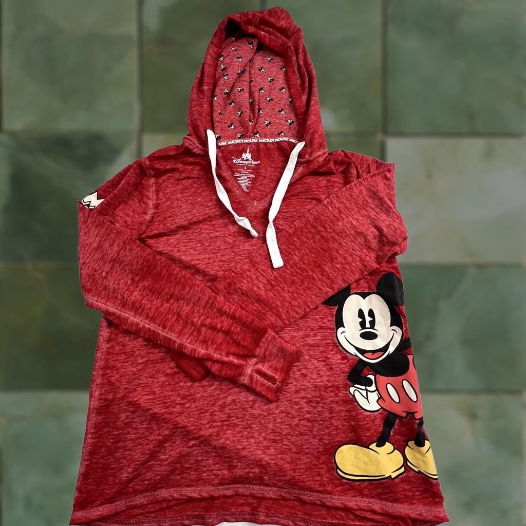 Vintage Disney Parks Shirt Womens L Red V Neck Long Sleeve Hooded Mickey Mouse Tunic Top Size L / US 10 / IT 46 - 1 Thumbnail